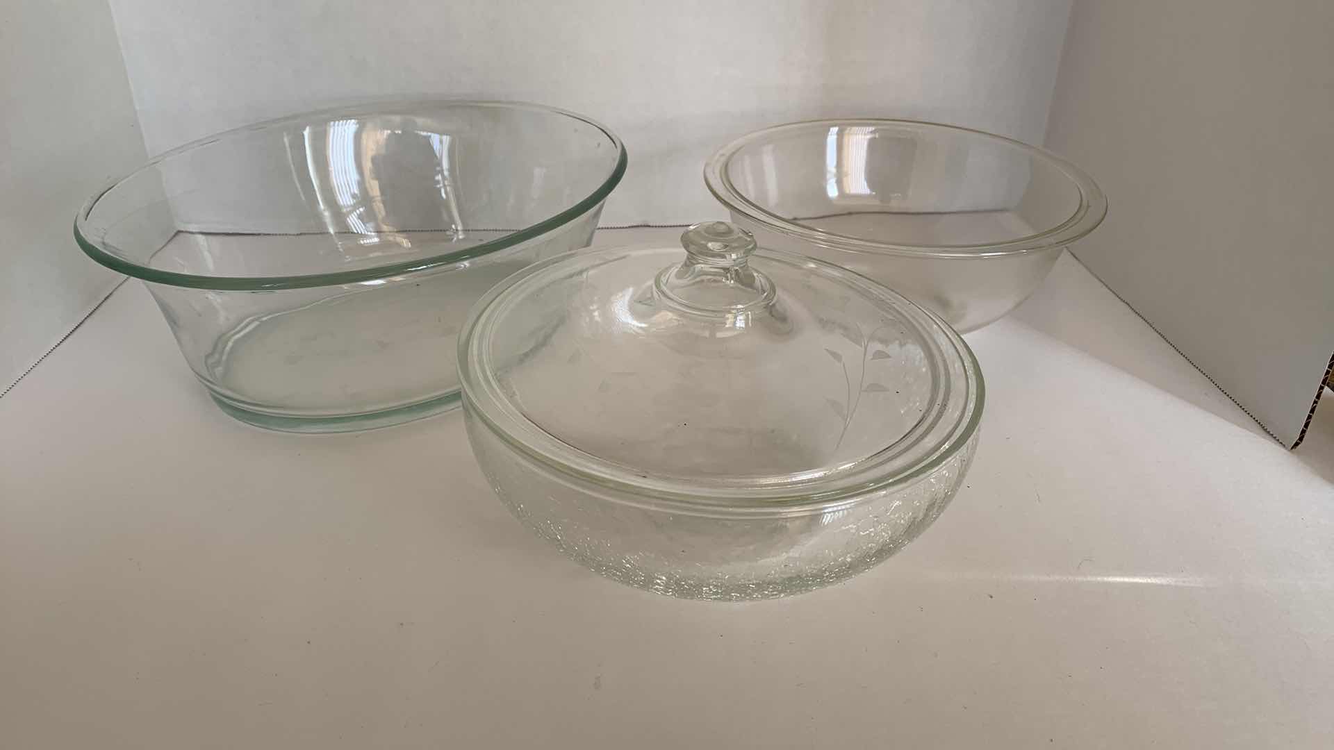 Photo 1 of 3 GLASS BOWLS, 1 WITH LID