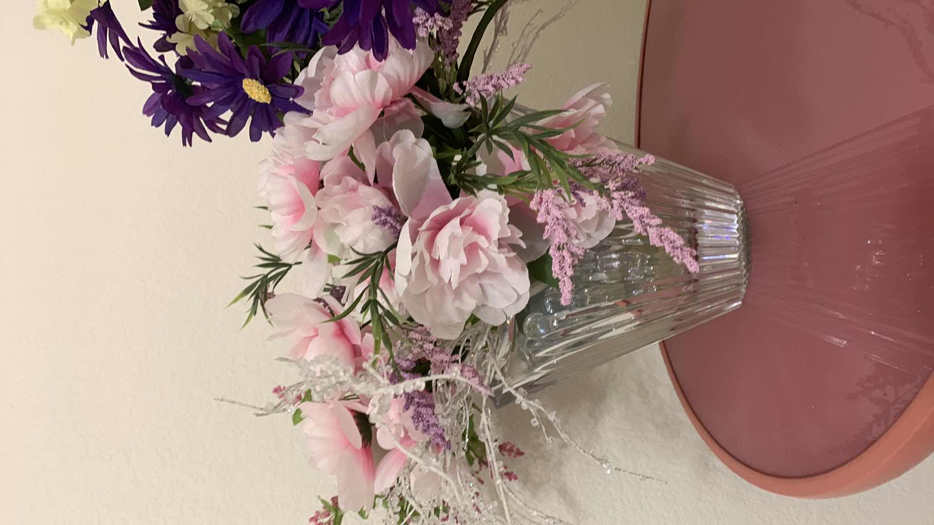 Photo 3 of DUSTY ROSE FOLDING TABLE W/ FAUX FLORAL ARRANGEMENT IN GLASS VASES