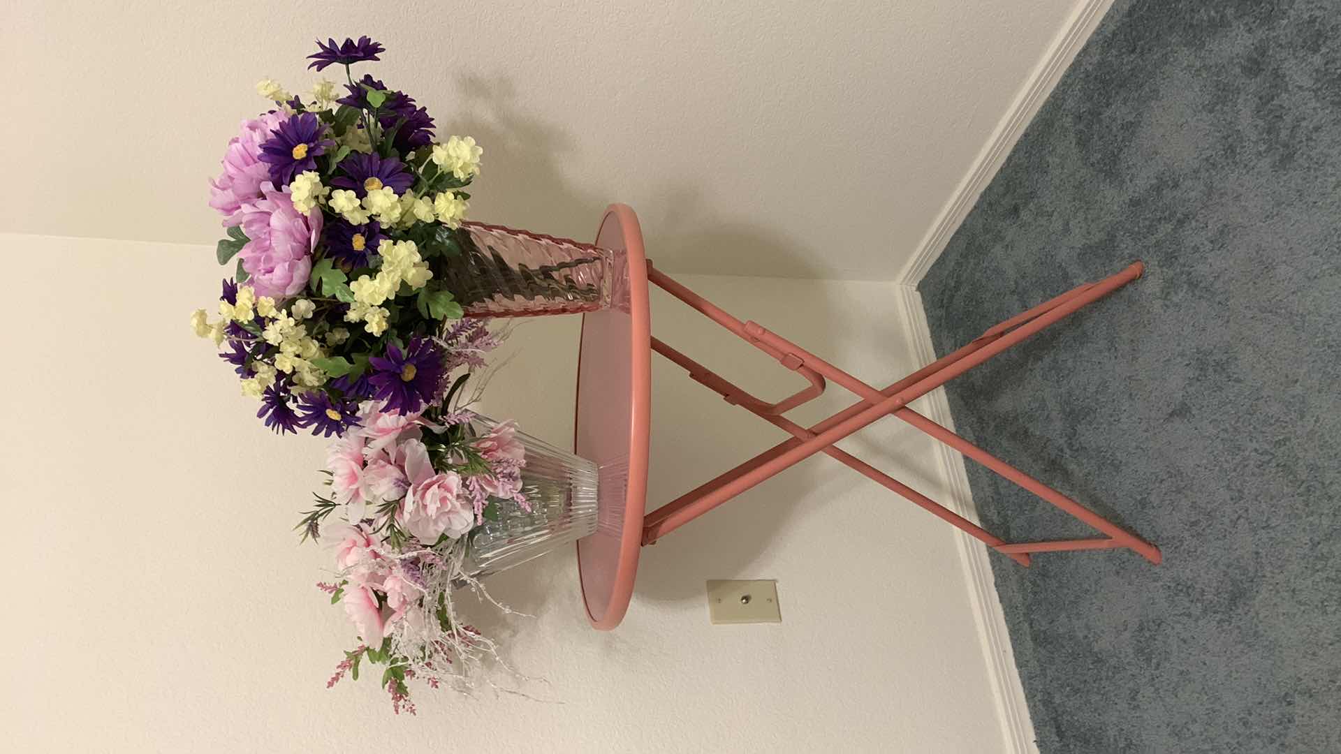 Photo 1 of DUSTY ROSE FOLDING TABLE W/ FAUX FLORAL ARRANGEMENT IN GLASS VASES