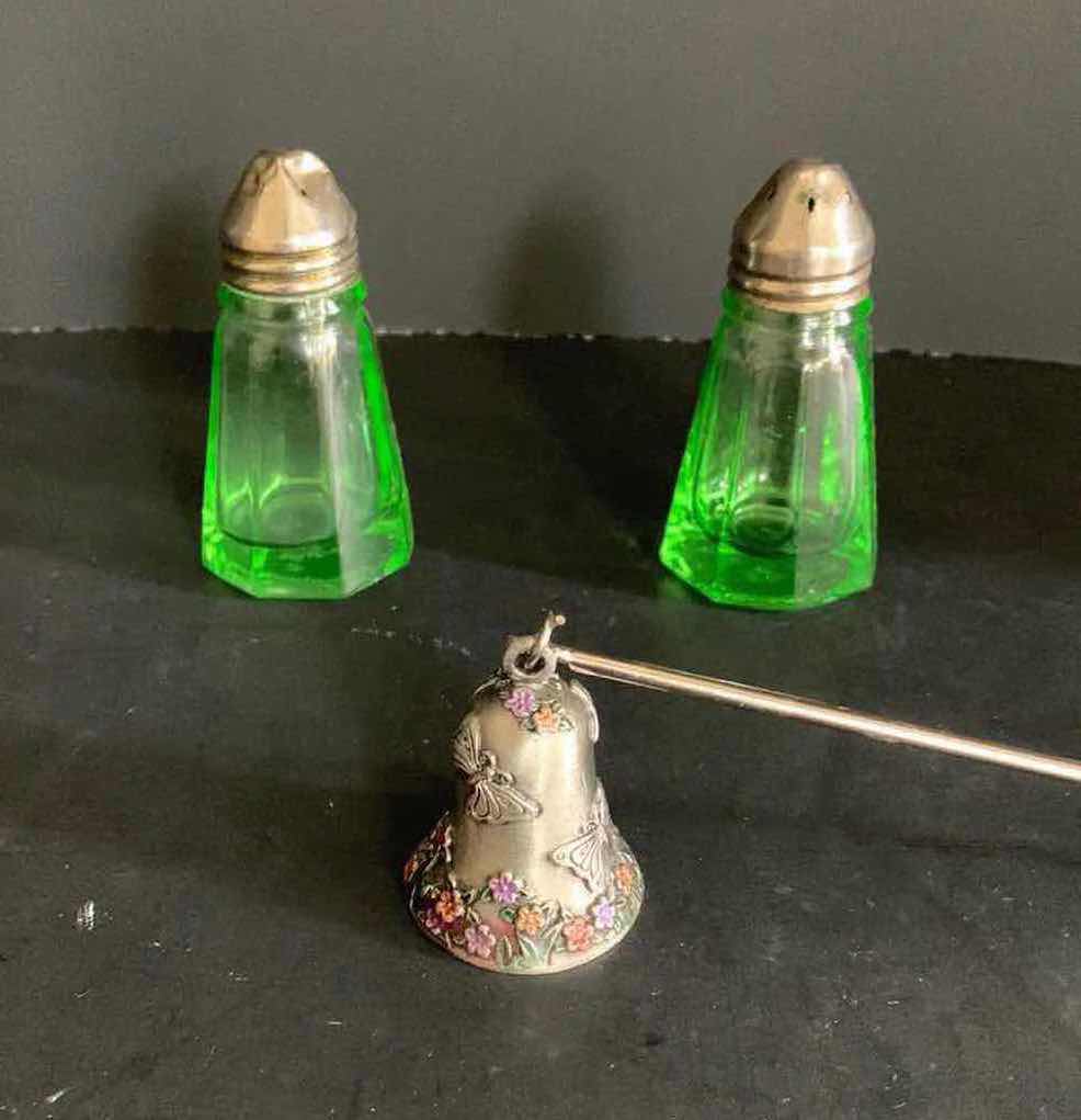 Photo 1 of VINTAGE SALT AND PEPPER SHAKERS IN GREEN GLASS AND CANDLE SNUFFER