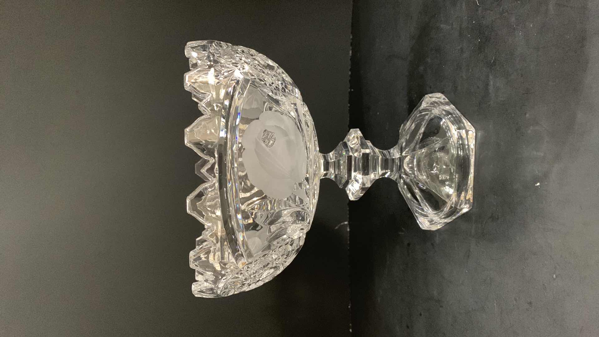 Photo 1 of 6.5” PEDESTAL CRYSTAL CANDY DISH WITH ROSE ETCHINGS