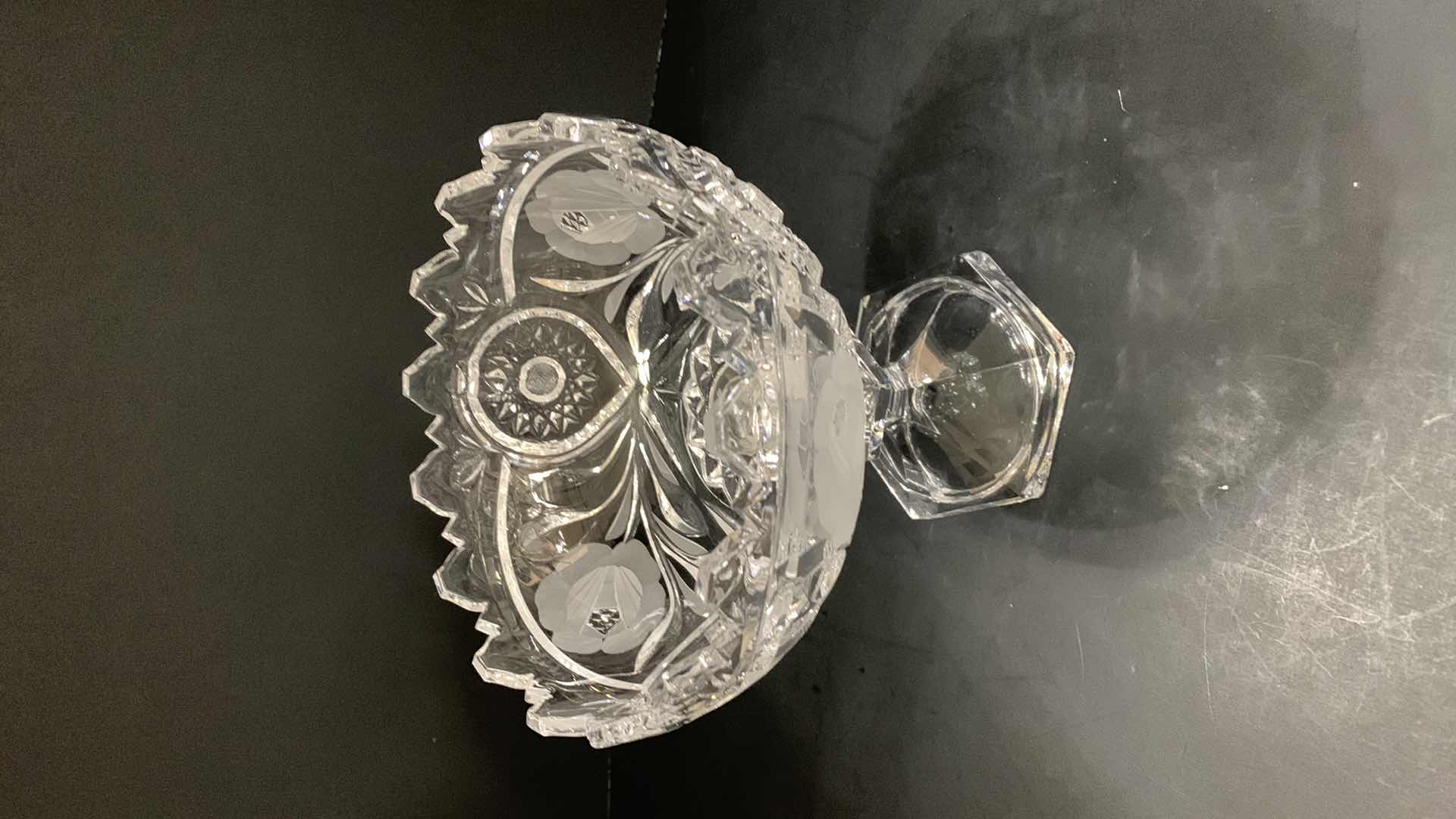 Photo 3 of 6.5” PEDESTAL CRYSTAL CANDY DISH WITH ROSE ETCHINGS