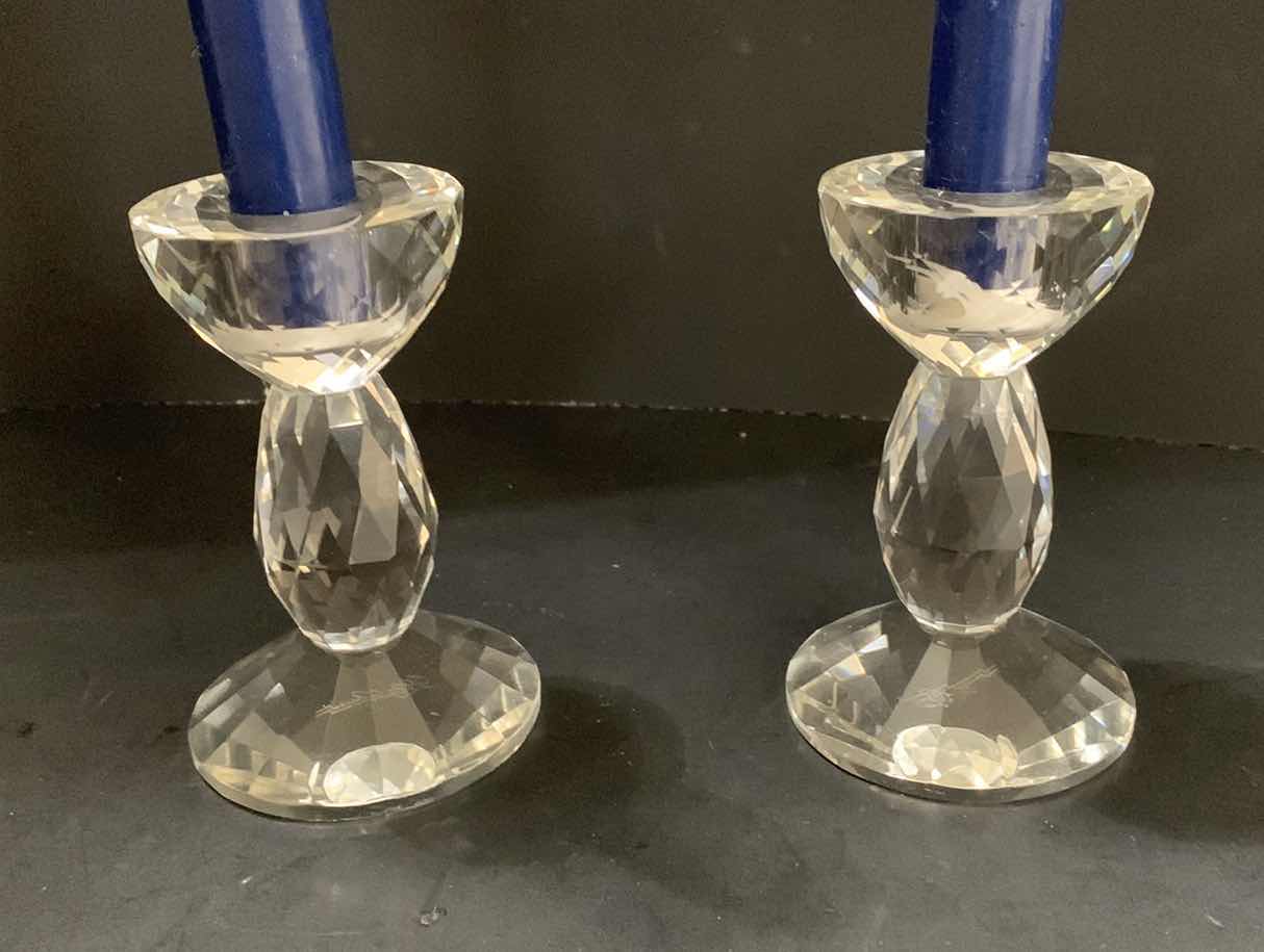 Photo 2 of SET OF 2 - DIAMOND CUT CRYSTAL CANDLESTICK HOLDERS 4” TALL