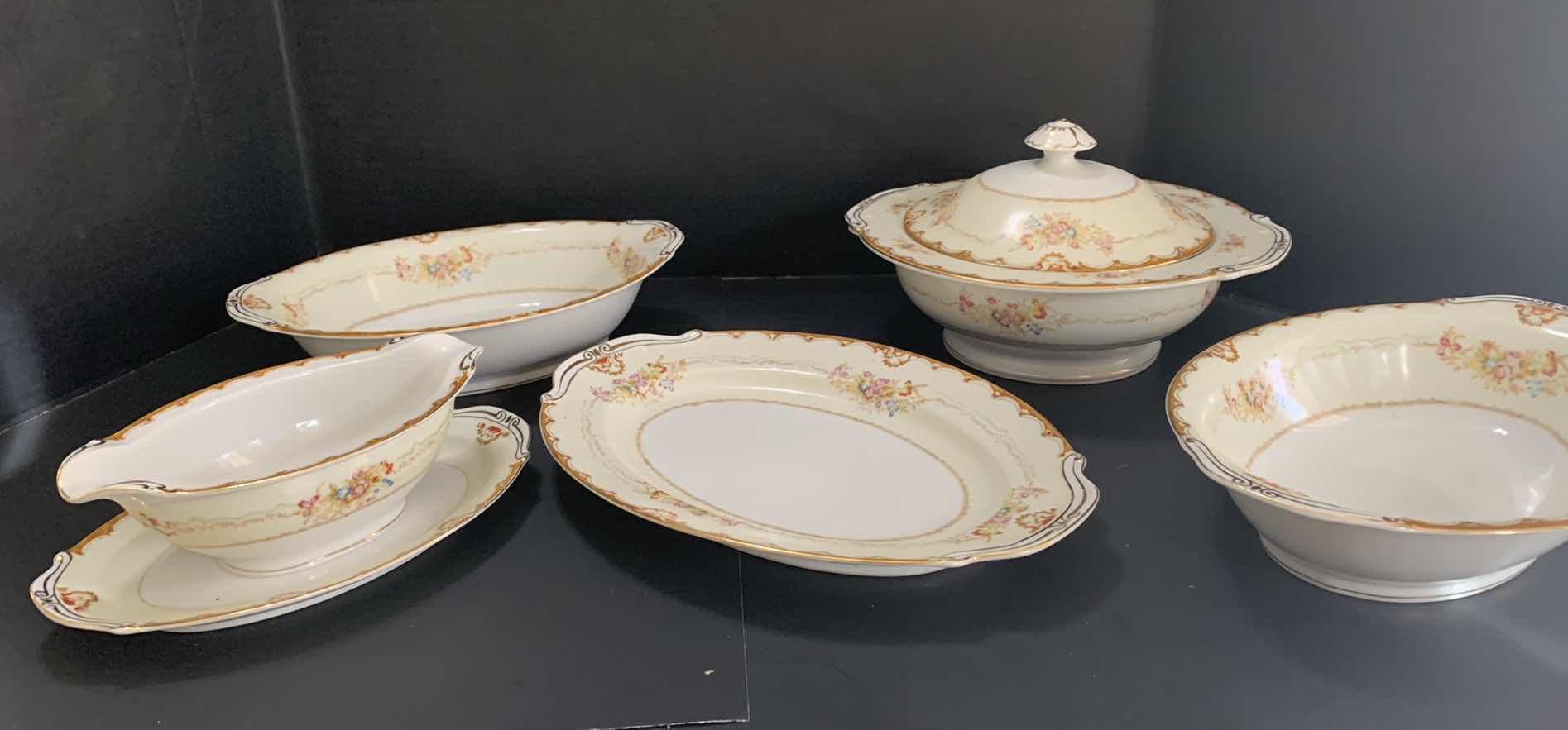 Photo 1 of SAMPY HAND PAINTED DAPHNE PLATTER, GRAVY BOAT, SERVING BOWLS VINTAGE (5 PIECES)