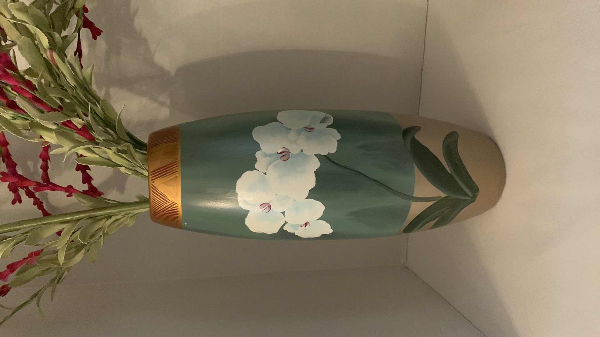 Photo 1 of 2 - 16” HAND PAINTED VASES WITH WHITE ORCHIDS