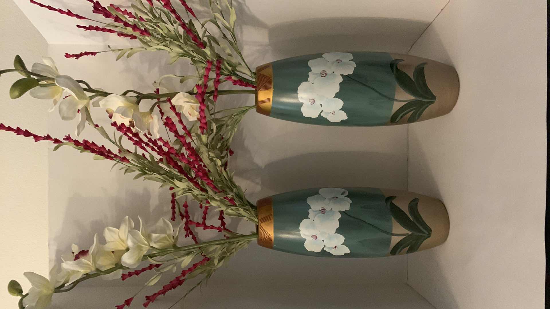 Photo 2 of 2 - 16” HAND PAINTED VASES WITH WHITE ORCHIDS