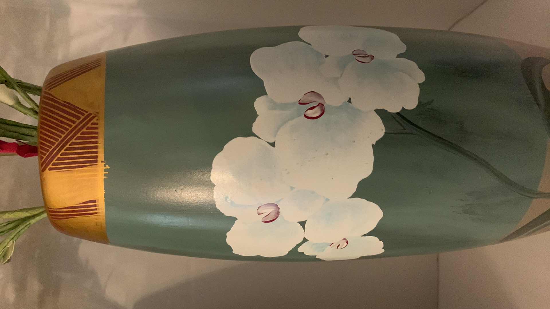 Photo 3 of 2 - 16” HAND PAINTED VASES WITH WHITE ORCHIDS