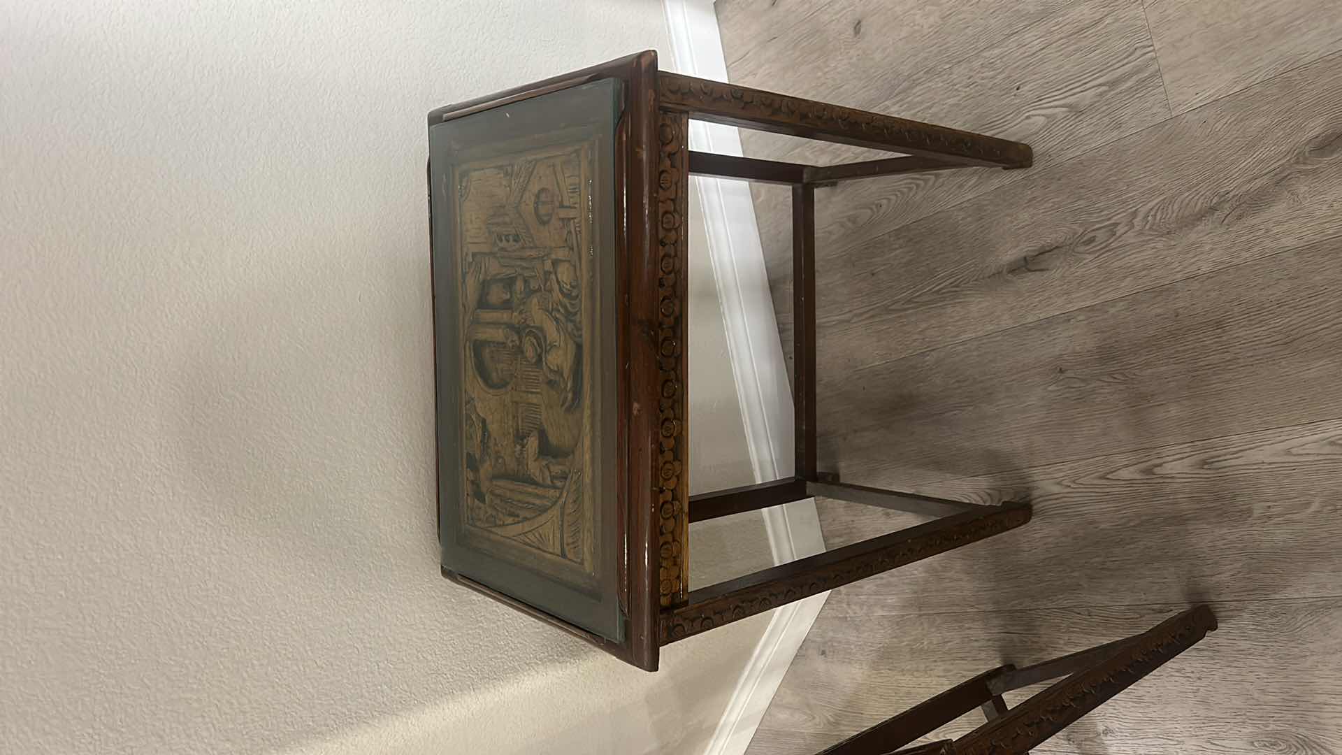 Photo 4 of 2 VINTAGE CARVED WOOD ASIAN TABLES WITH GLASS INSERTS (LARGEST 20” x 14” x 26”)