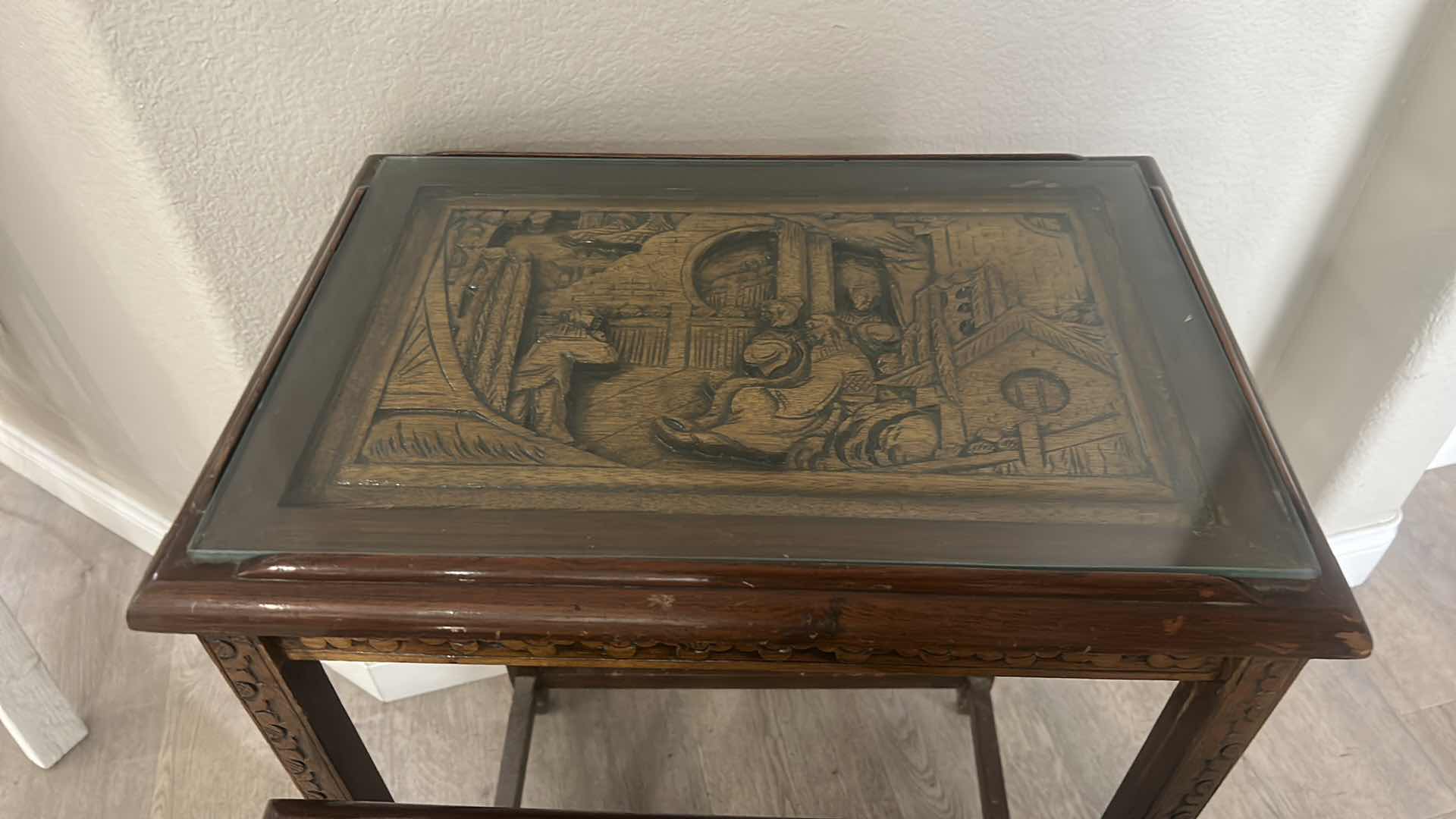 Photo 2 of 2 VINTAGE CARVED WOOD ASIAN TABLES WITH GLASS INSERTS (LARGEST 20” x 14” x 26”)