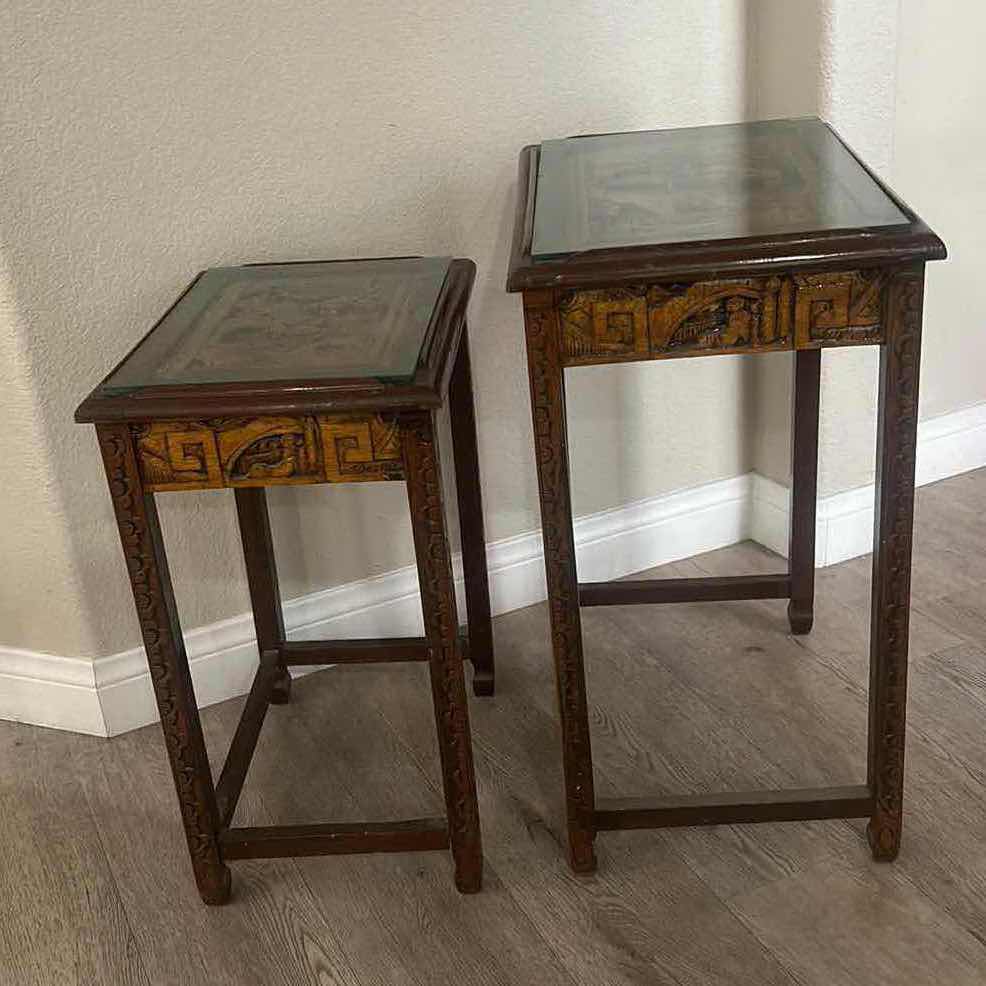 Photo 9 of 2 VINTAGE CARVED WOOD ASIAN TABLES WITH GLASS INSERTS (LARGEST 20” x 14” x 26”)