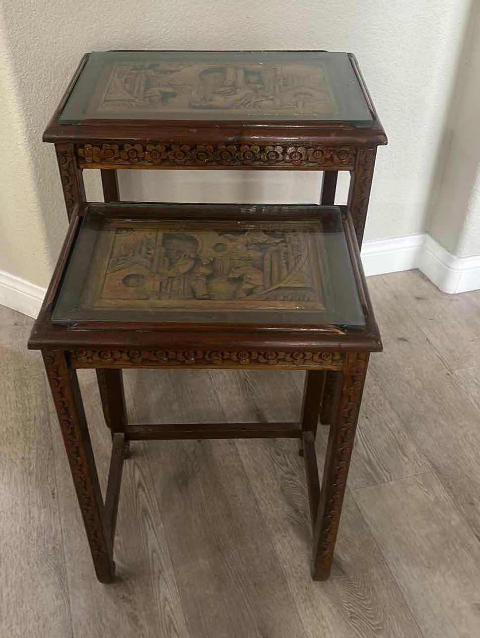Photo 1 of 2 VINTAGE CARVED WOOD ASIAN TABLES WITH GLASS INSERTS (LARGEST 20” x 14” x 26”)