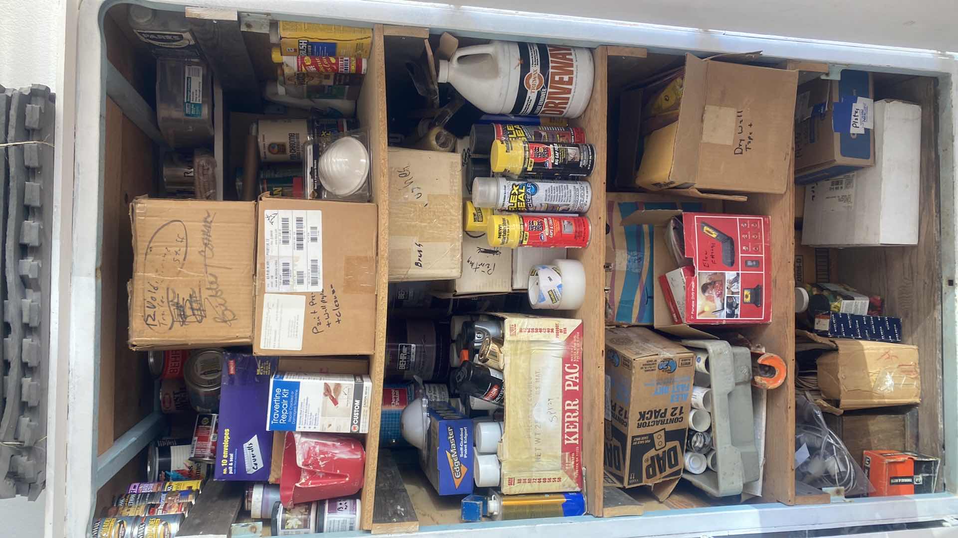 Photo 1 of CABINET ON WHEELS WITH CONTENTS OF GARAGE CABINET - PAINT TARPS CAULK AND MORE