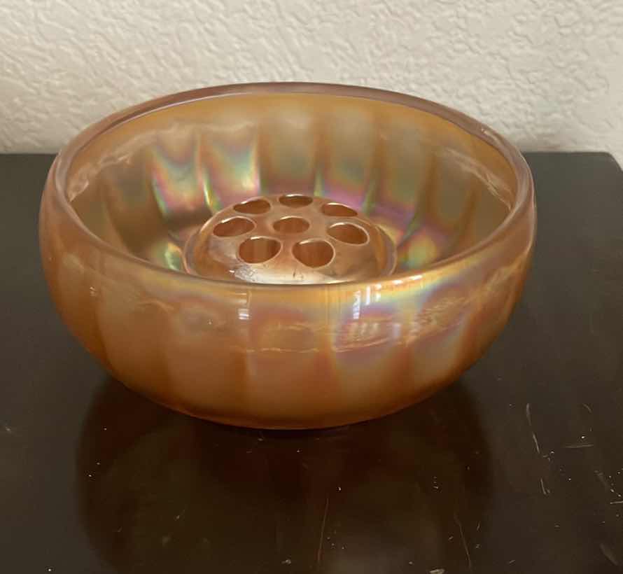 Photo 1 of CARNIVAL GLASS BOWL WITH VINTAGE GLASS FLOWER FROG