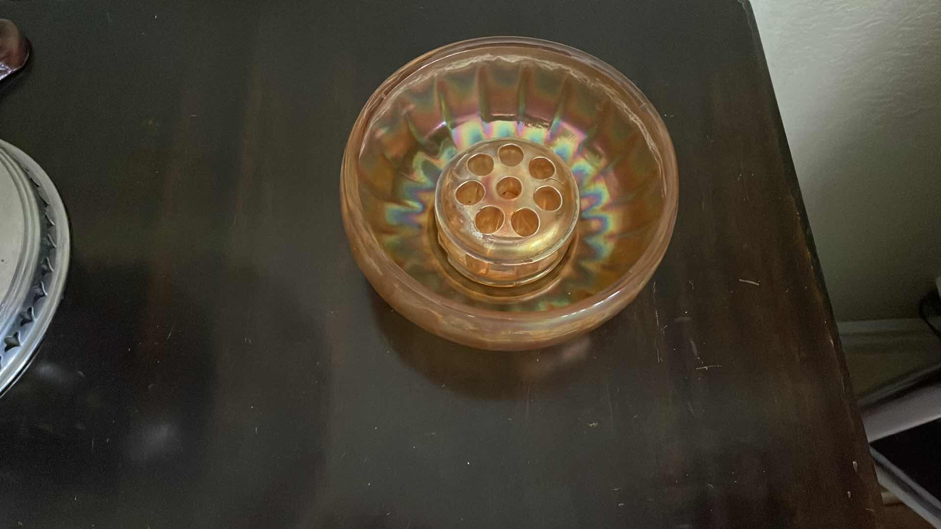 Photo 2 of CARNIVAL GLASS BOWL WITH VINTAGE GLASS FLOWER FROG