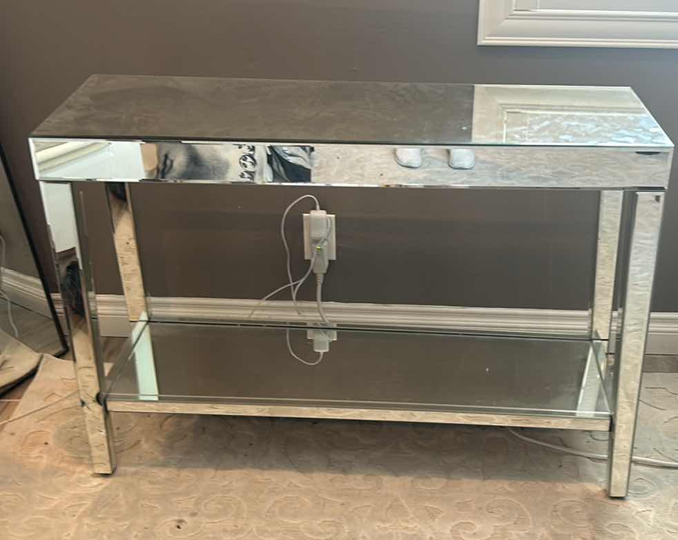 Photo 1 of A MODERN CHROME MIRRORED ENTRY TABLE OR CONSOLE WITH DIMENSIONS OF 44" X 15" X H 30".