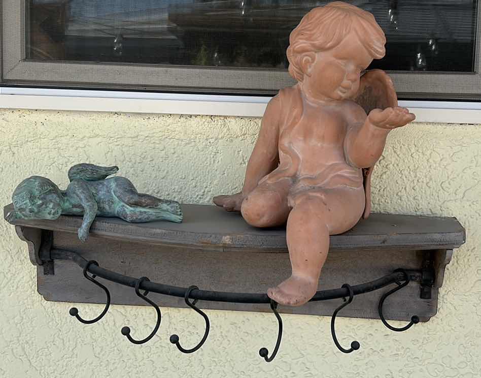 Photo 1 of THREE-PIECE OUTDOOR DÉCOR, RUSTIC SHELF, 25" X 6 1?2" X 7", AND TWO CERAMIC ANGELS. THE LARGEST IS H. 16".