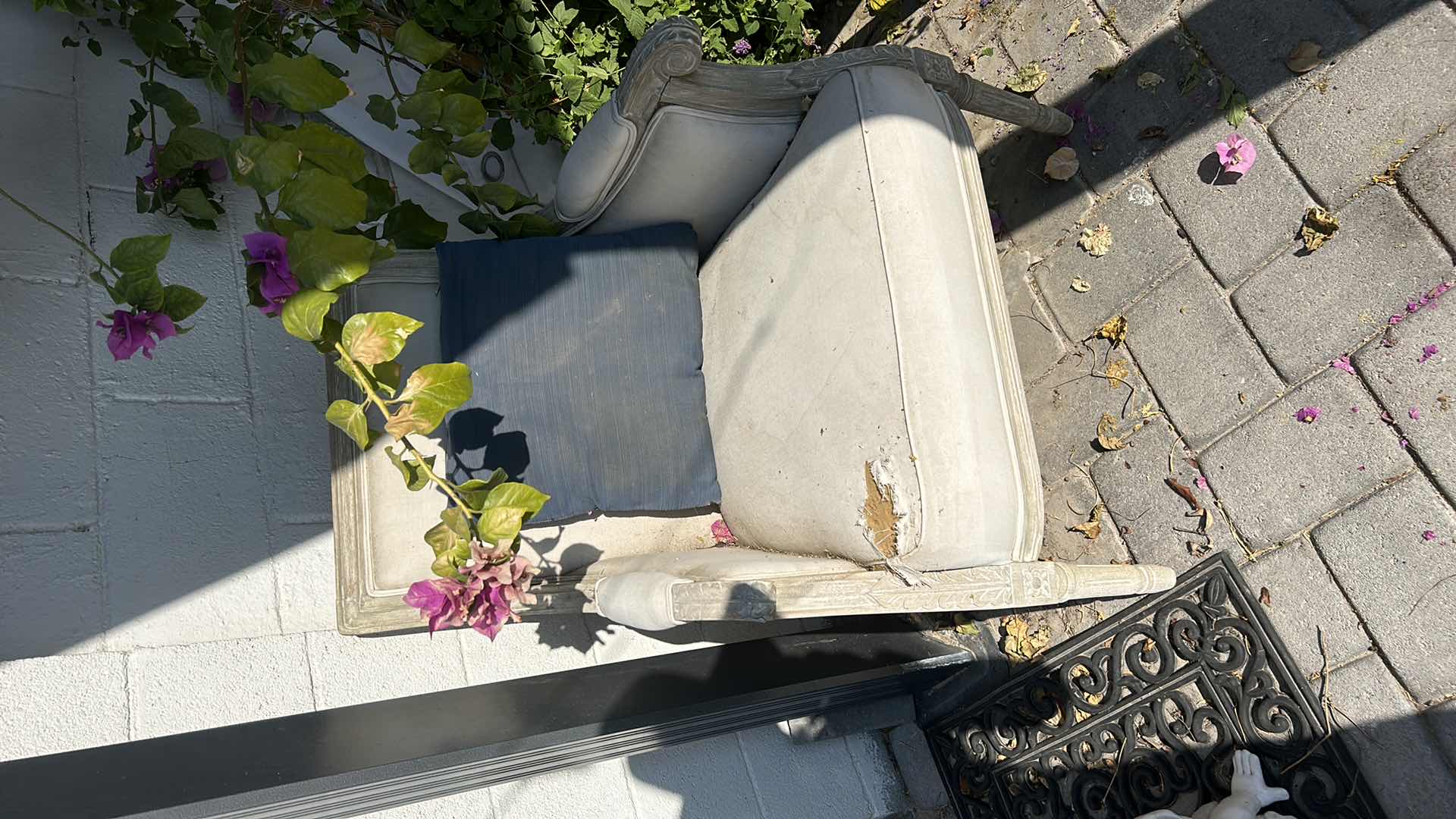 Photo 2 of THREE-PIECE RUSTIC OUTDOOR DÉCOR WEATHERED AND UNIQUE ONE CHAIR, ONE BENCH, AND ONE POTTED BOUGAINVILLEA PLANT. BENCH MEASURES 54" X 25" X 39".