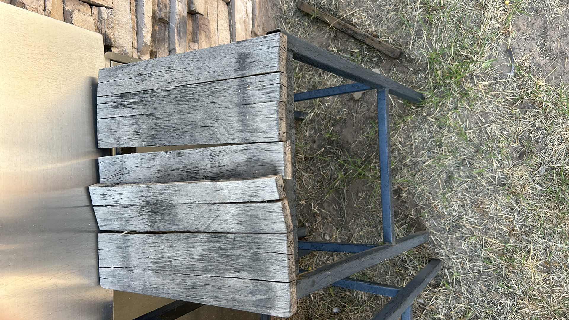 Photo 4 of THREE METAL AND WEATHERED WOOD BAR STOOLS IN NEED OF REPAIR. 15 1?2" X 15 1?2" X H 28 1?2"