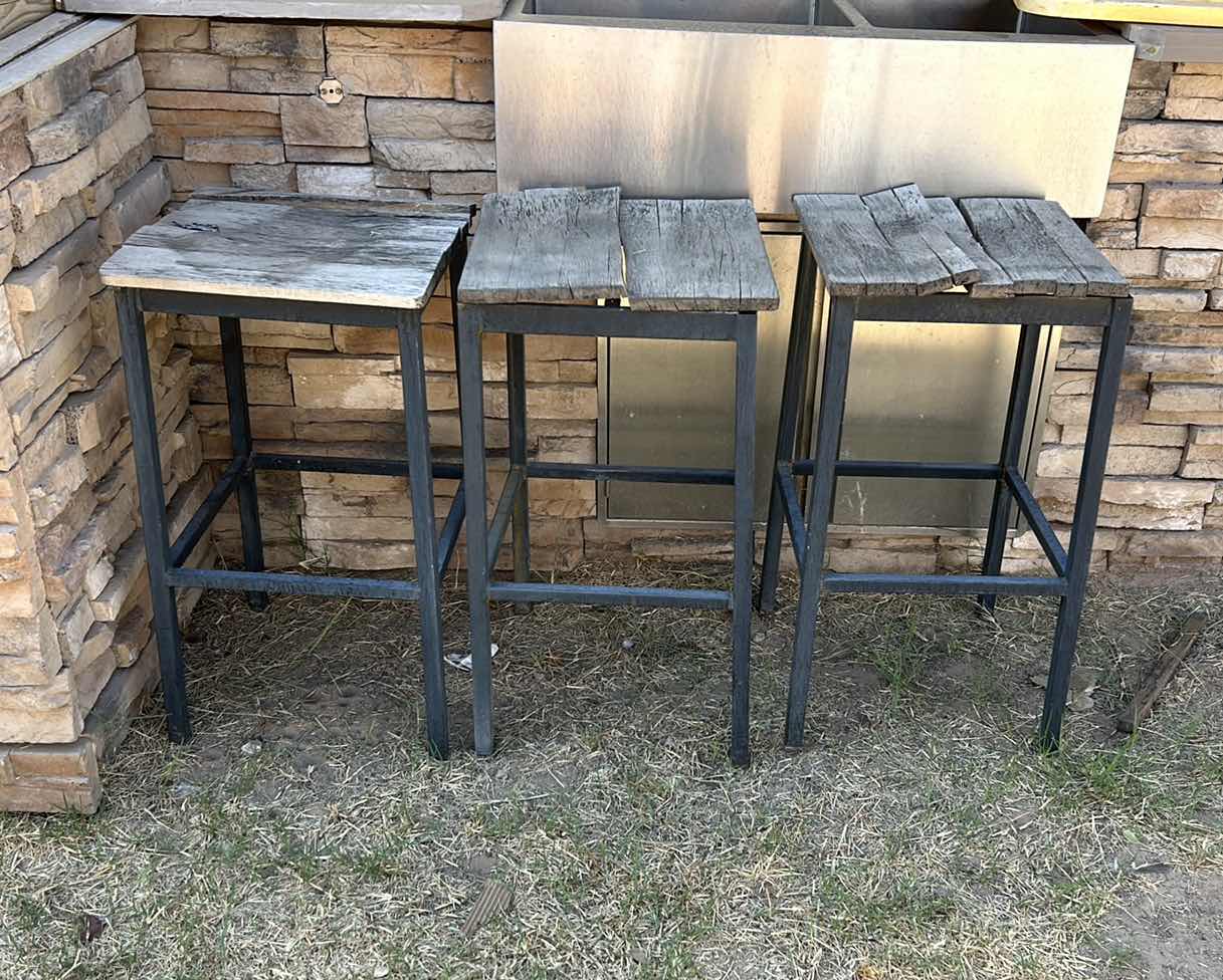 Photo 1 of THREE METAL AND WEATHERED WOOD BAR STOOLS IN NEED OF REPAIR. 15 1?2" X 15 1?2" X H 28 1?2"