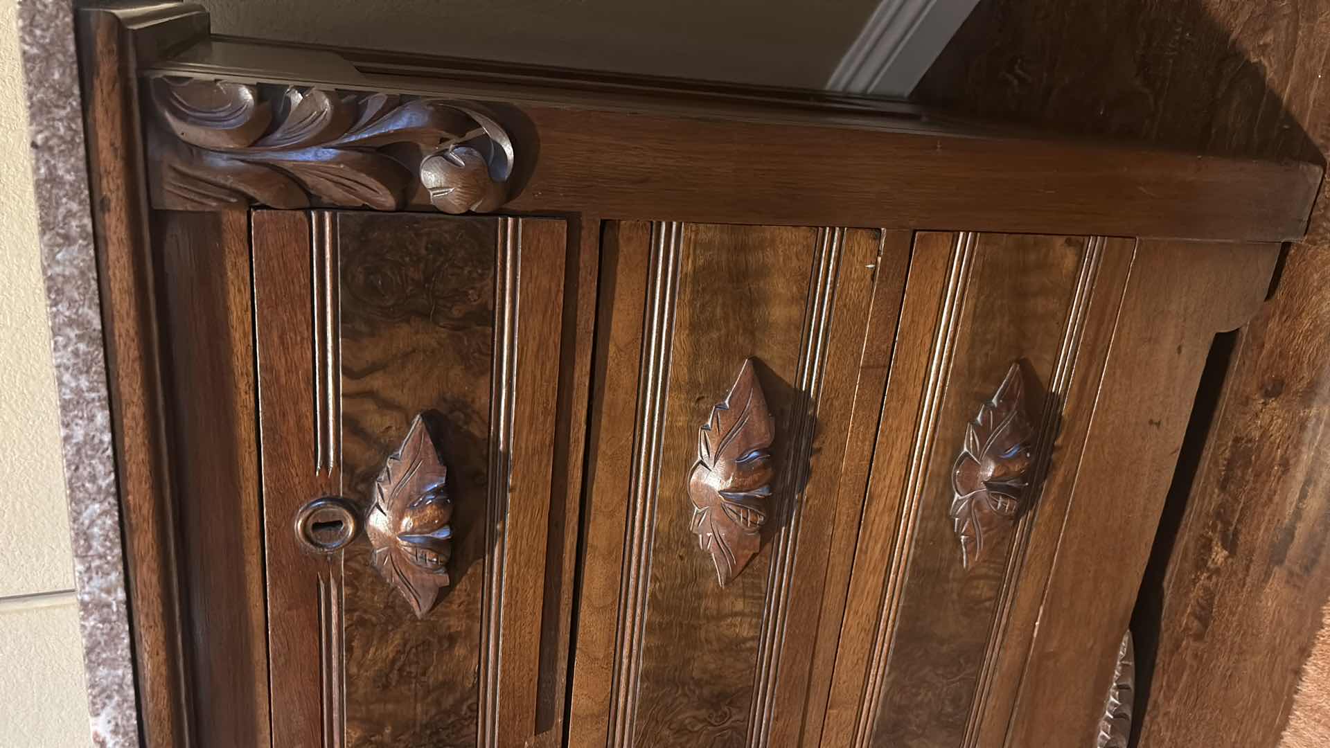 Photo 2 of CARVED WOOD, BURL INLAY, STONE TOP, FIVE-DRAWER DRESSER, 4’ X 22" X H 31".