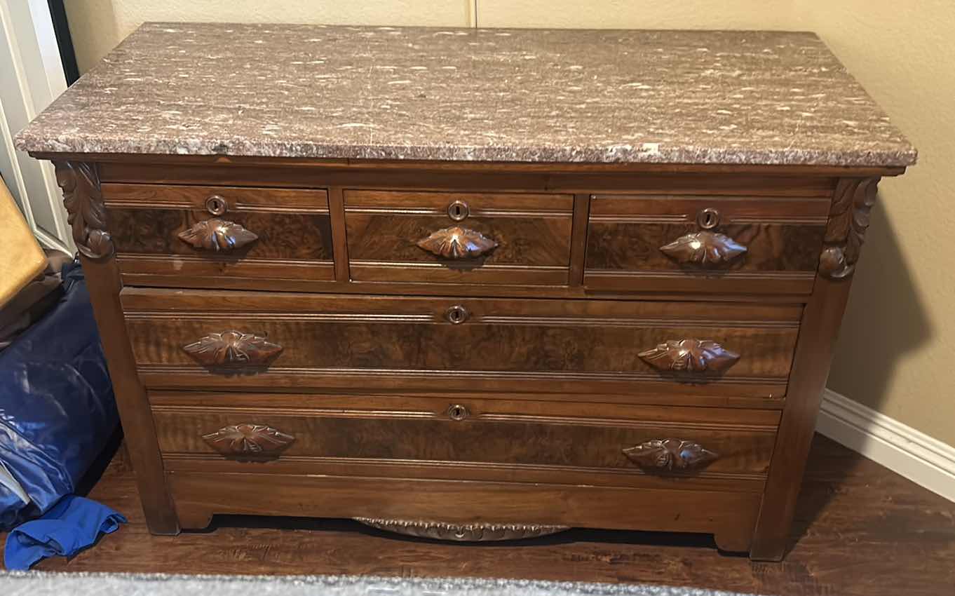 Photo 6 of CARVED WOOD, BURL INLAY, STONE TOP, FIVE-DRAWER DRESSER, 4’ X 22" X H 31".