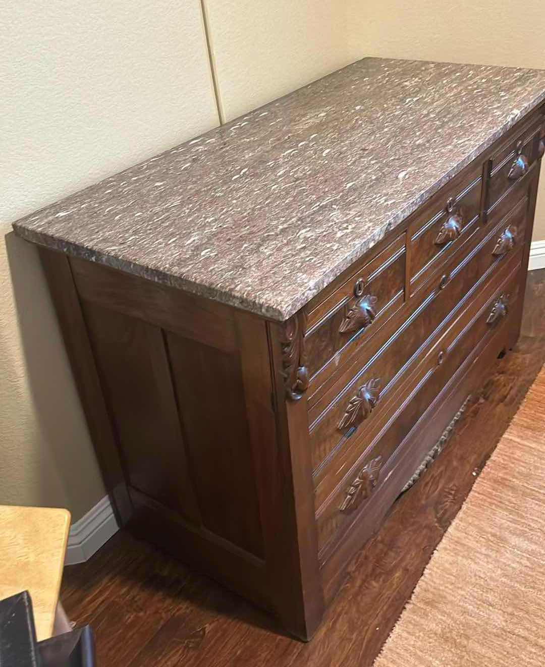 Photo 5 of CARVED WOOD, BURL INLAY, STONE TOP, FIVE-DRAWER DRESSER, 4’ X 22" X H 31".