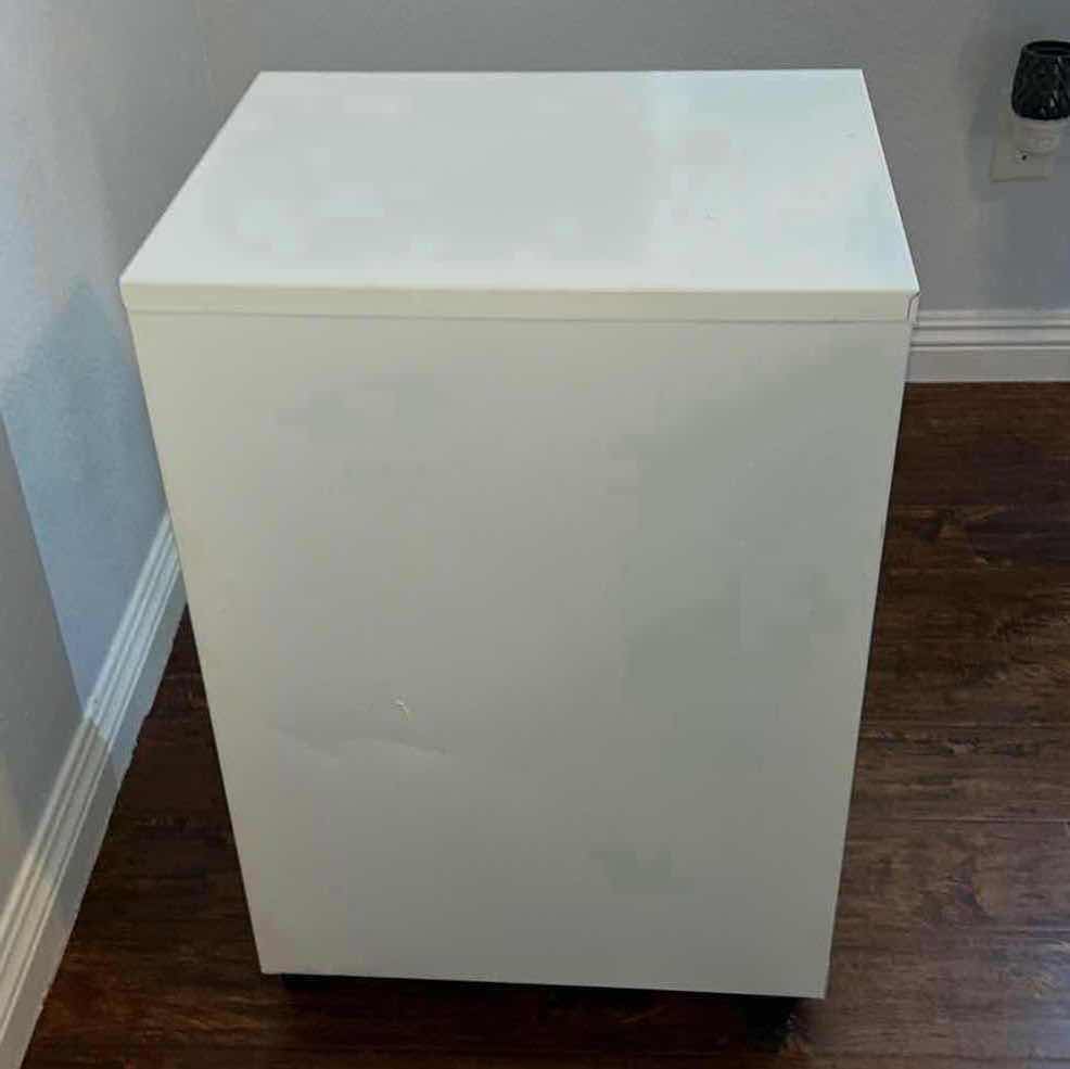 Photo 2 of LOCKING TWO-DOOR METAL FILE CABINET ON WHEELS WITH KEY. 14 1/4" X 18" X H 27"