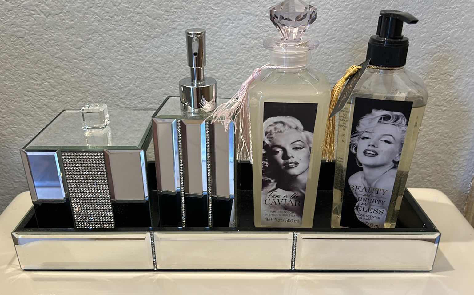 Photo 1 of MARILYN MONROE BATHROOM ACCESSORIES. CHAMPAGNE-SCENTED HAND SOAP. FAME IS LIKE CAVIAR-SCENTED BUBBLE BATH.