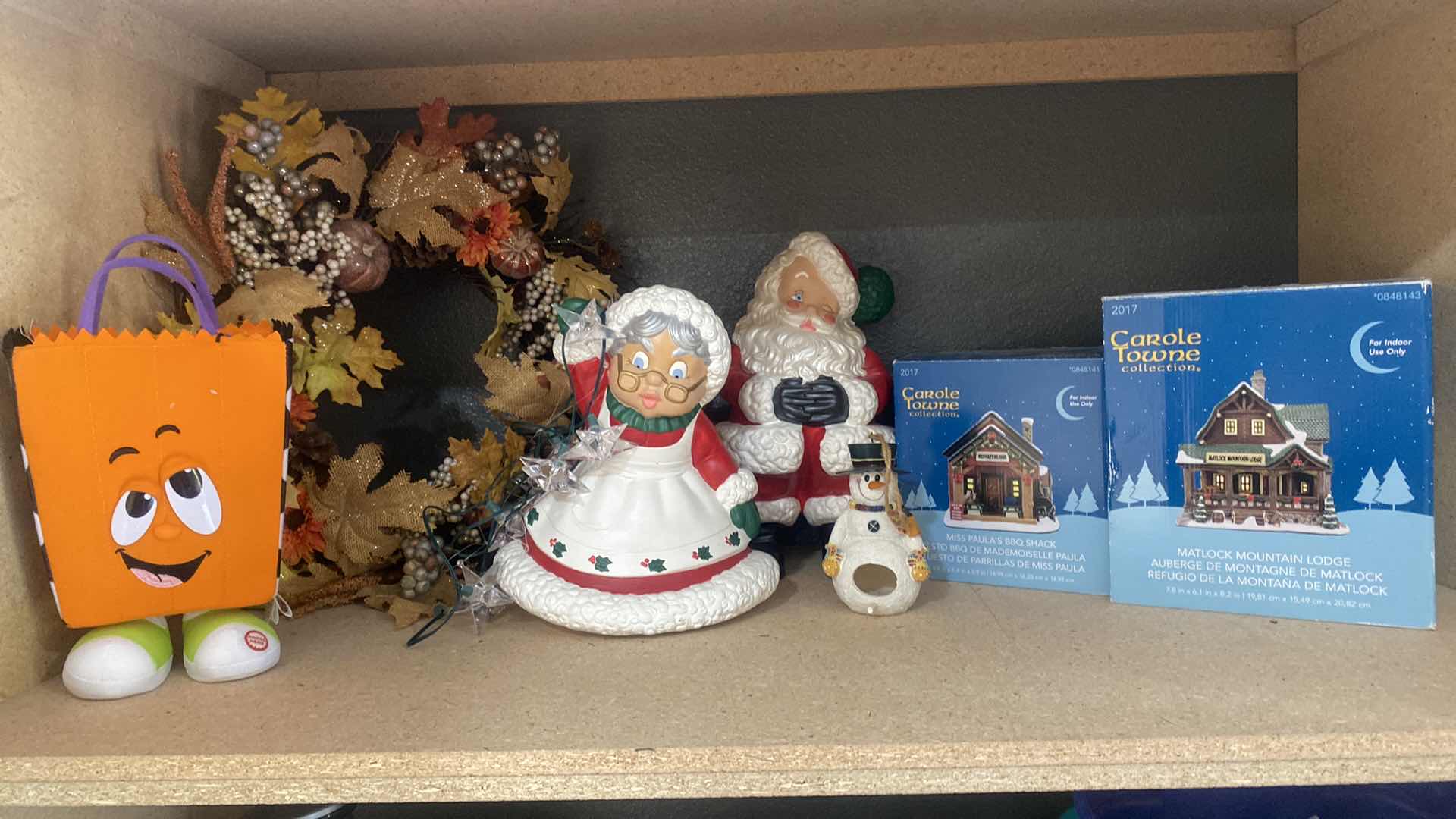 Photo 1 of GARAGE CABINET SHELF - 7 HOLIDAY WREATH CERAMIC SANTAS & VILLAGE SHACK & LODGE