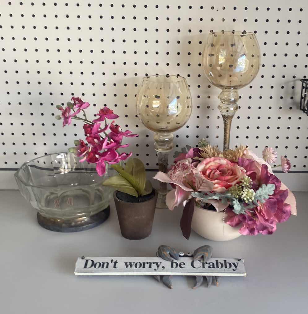 Photo 1 of BOWL WITH SILVER PLATE TRIM, CANDLE HOLDERS H16” & 2 FLORALS