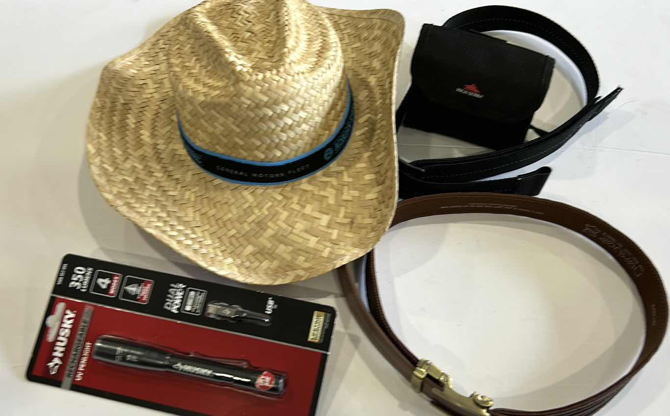 Photo 1 of MENS ASSORTMENT- COWBOY HAT, BELTS, BINOCULARS AND MORE