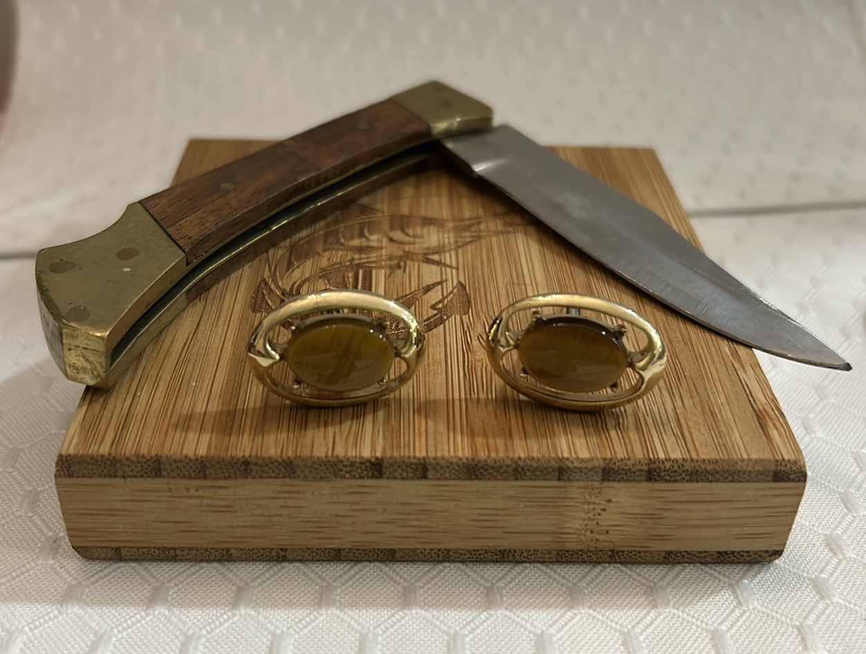 Photo 1 of MENS CUFF LINKS, POCKET KNIFE, WOOD BLOCK