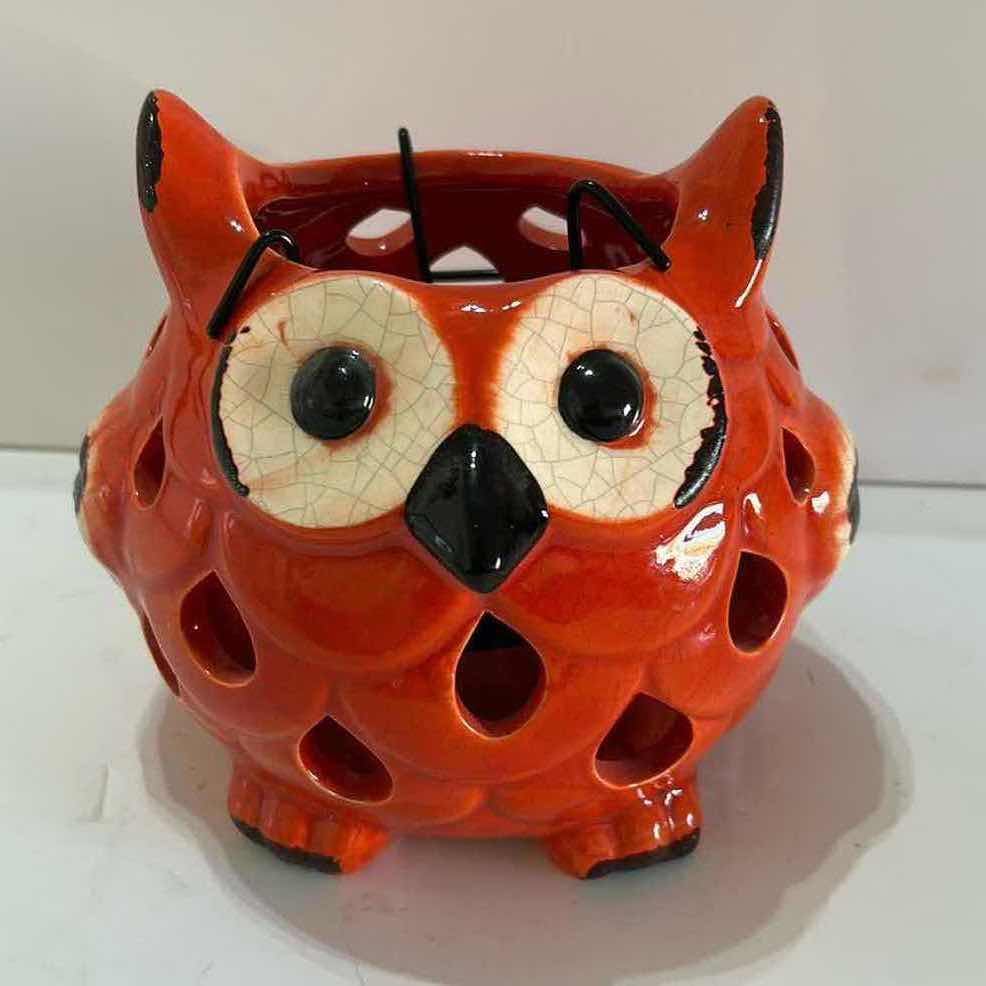 Photo 1 of HOME DECOR - ORANGE CRACKLE CERAMIC OWL CANDLE HOLDER. 7” X H6”.