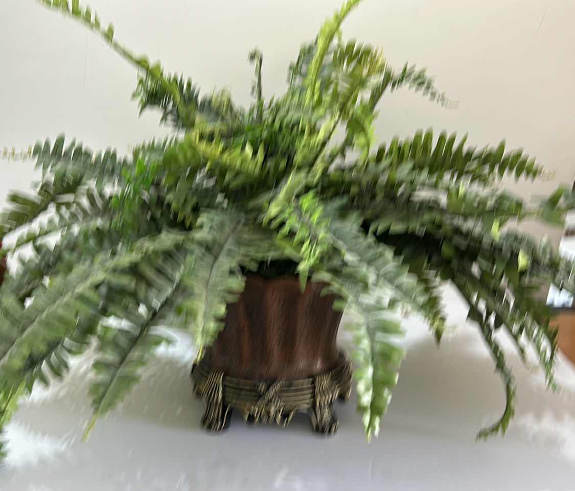 Photo 1 of HOME DÉCOR. BEAUTIFUL, ORNATE POT WITH FAUX FERN PLANT. 32” x H23”