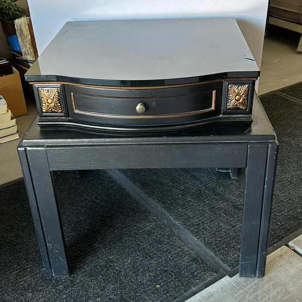 Photo 1 of HOME FURNISHINGS VINTAGE ULTIMATE ACCENTS HEAVY ORNATE BLACK WOOD FURNITURE WITH BLACK STONE TOP 26 ¼” X 23” X H25 ¼”.