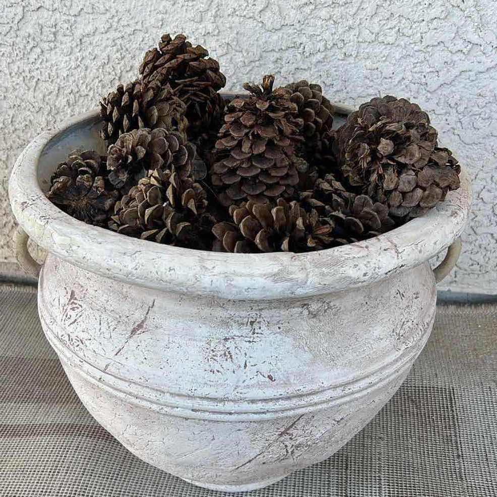 Photo 1 of OUTDOOR DECOR - CERAMIC POTTERY WITH PINECONES 15” x 12”