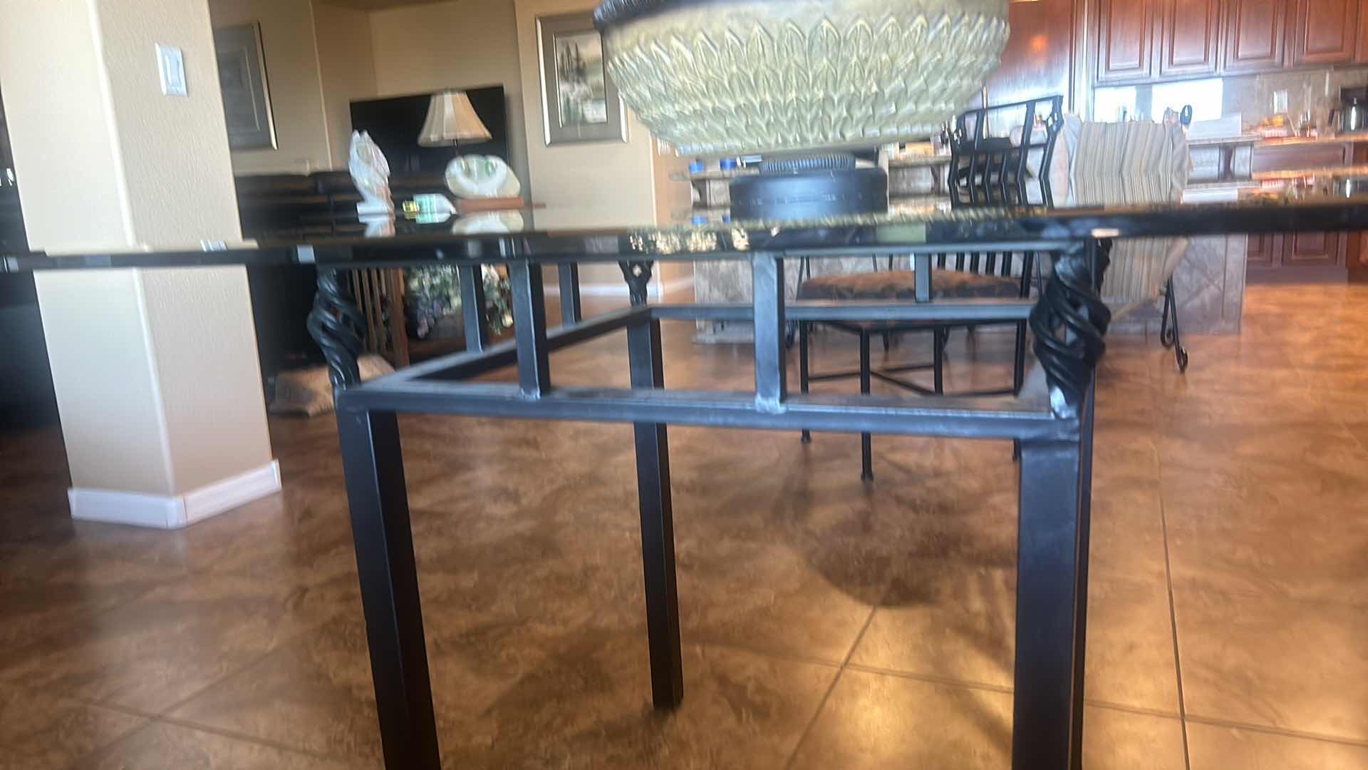 Photo 4 of HEAVY BLACK WROUGHT IRON COFFEE TABLE WITH BEVELED GLASS RECTANGLE TOP 6’ x 4’ (INCLUDES SECOND ROUND TOP)