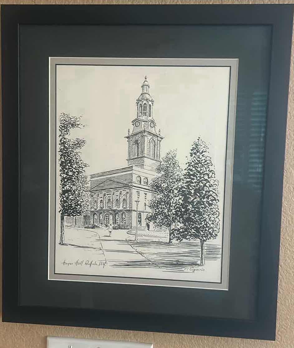 Photo 1 of BLACK FRAMED, “HAYES HALL BUFFALO NEW YORK,” SIGNED T. SGORIO ETCHING ARTWORK 16 1/4” x H19”