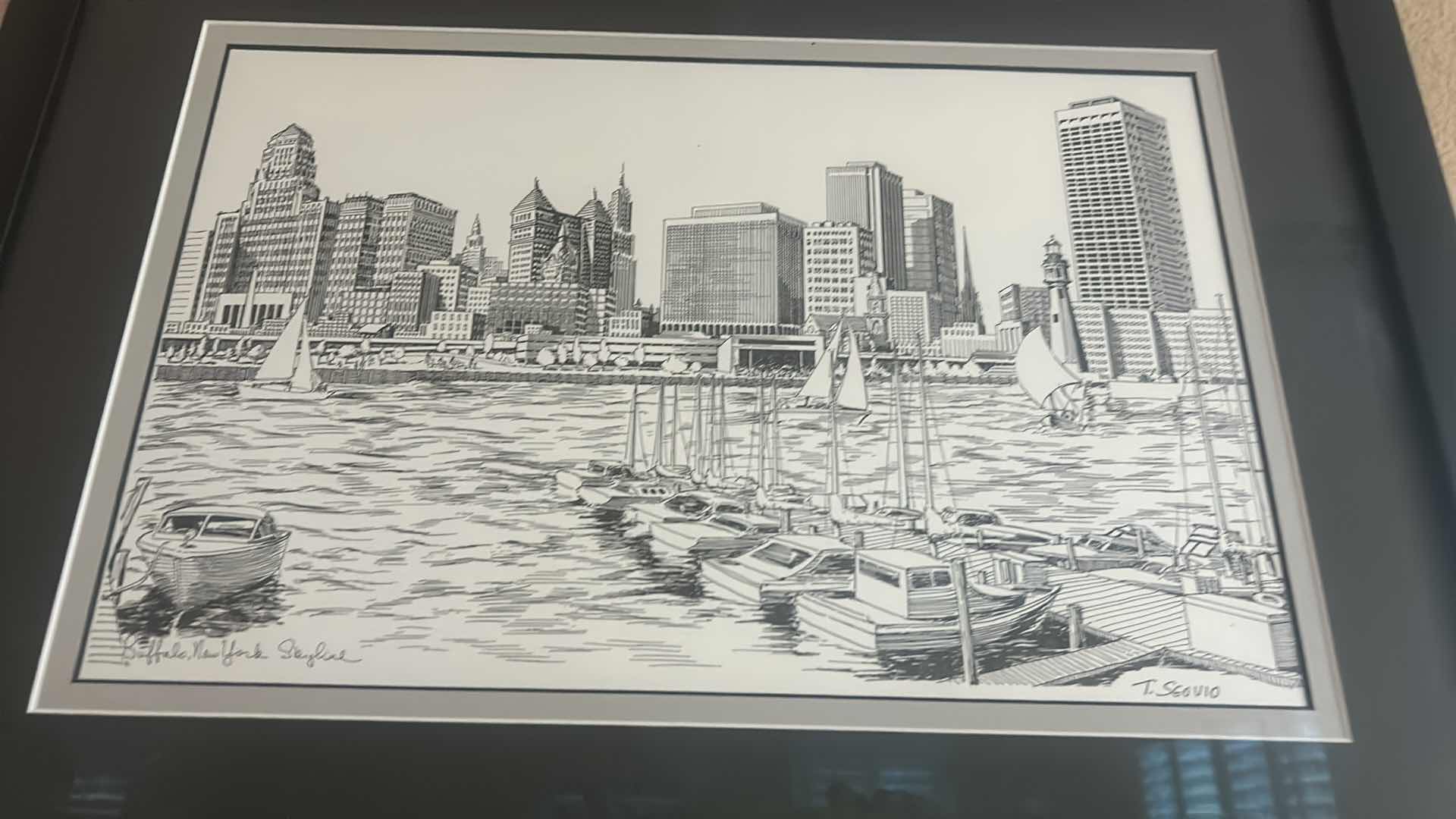 Photo 2 of BLACK FRAMED, “BUFFALO, NEW YORK SKYLINE”SIGNED T. SGORIO ETCHING ARTWORK. 19” x H16.5”