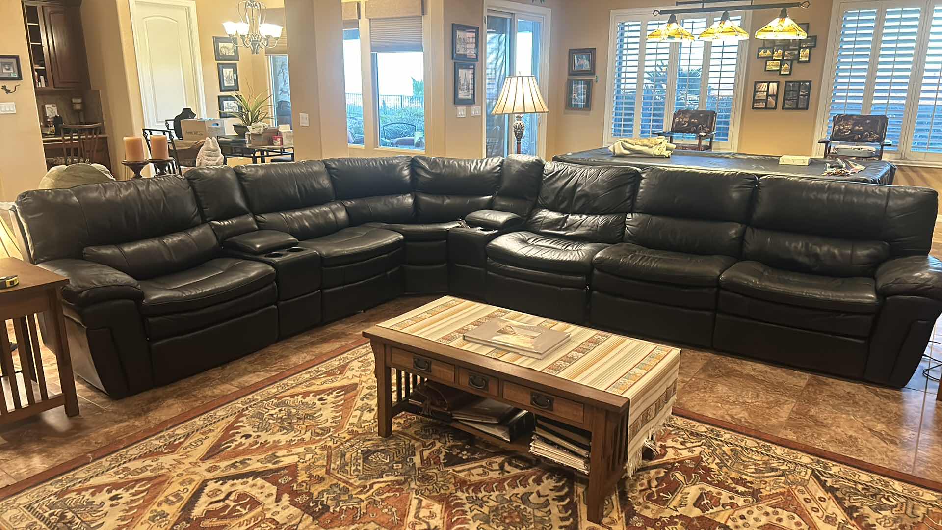 Photo 2 of EXTRA LARGE BLACK LEATHER SECTIONAL WITH RECLINERS 11’ x 12’