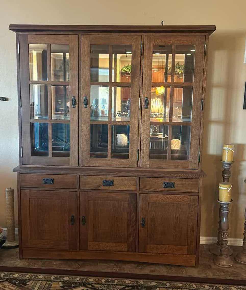 Photo 2 of LIGHTED OAK HUTCH WITH DOVE TAILED DRAWERS 65 1/2 x 18” H81”