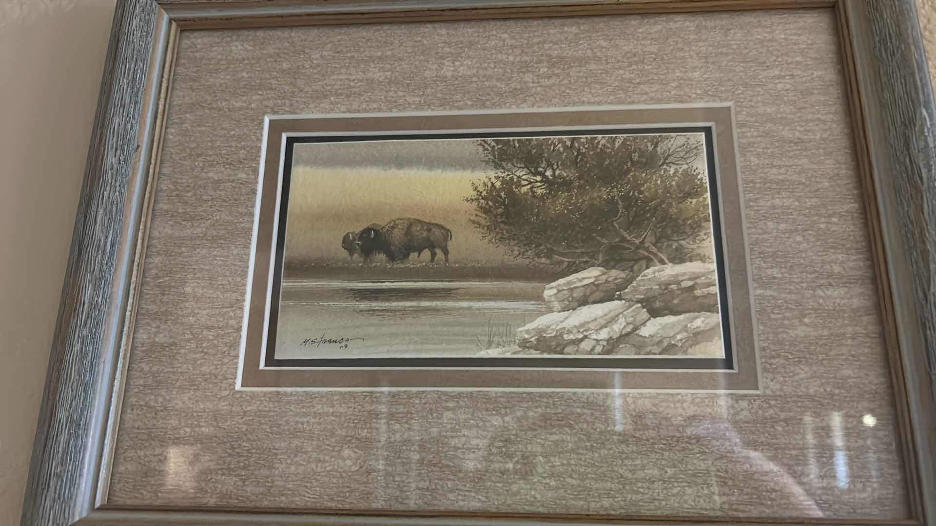 Photo 2 of FRAMED SIGNED "BUFFALO' BY  M. S.  FRANCO ARTWORK 13” X 10”