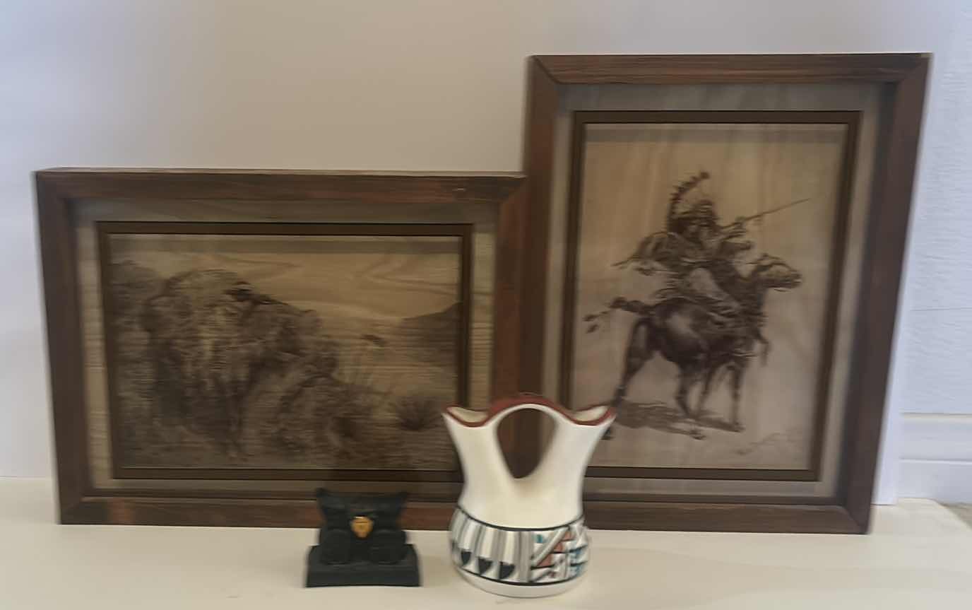 Photo 1 of 4 - NATIVE AMERICAN HOME DECOR - 2 FRAMED SHADOW BOXES 13“ x 10“ SIGNED POTTERY & SCULPTED COAL COVERED WAGON