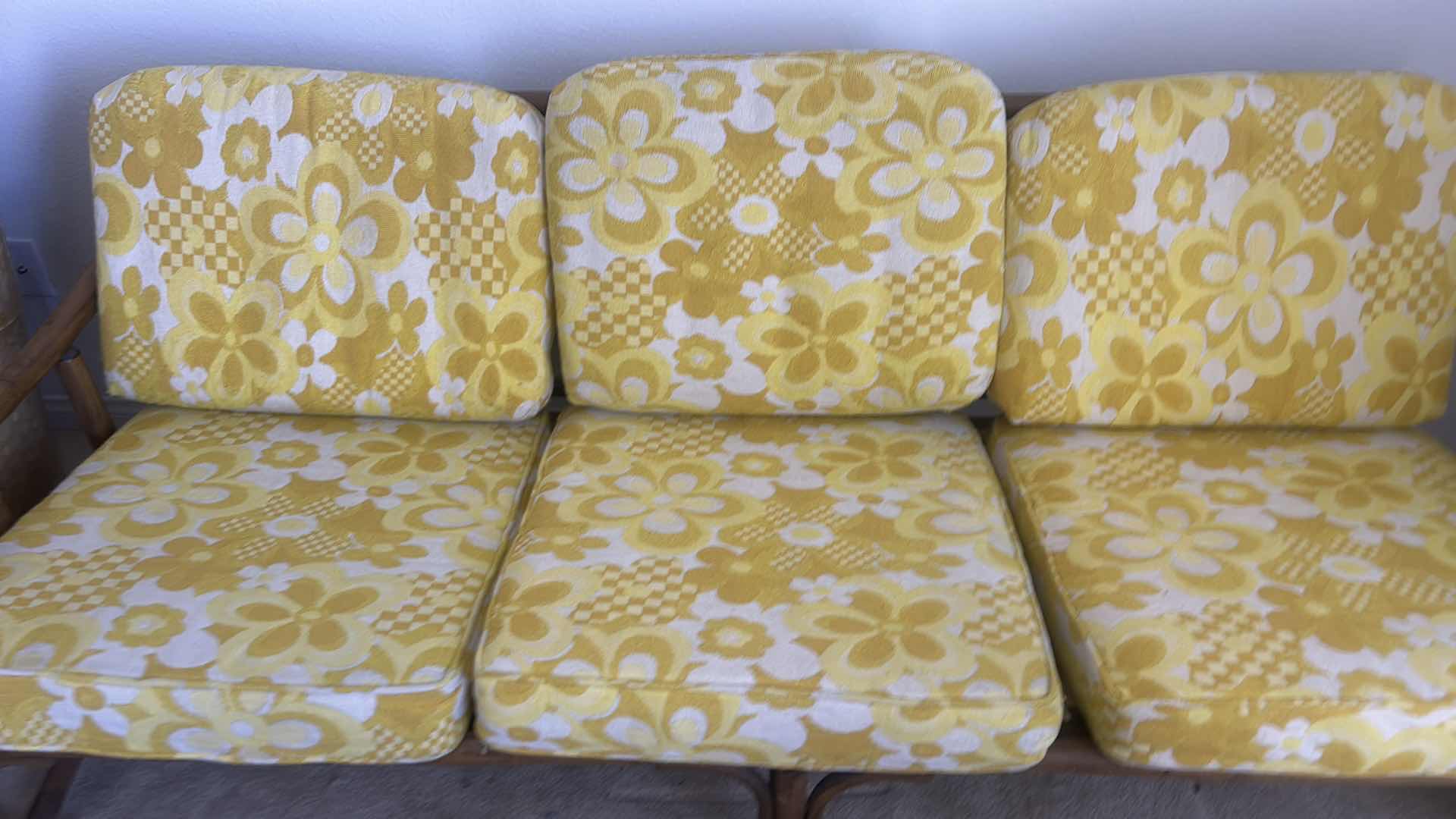 Photo 2 of VINTAGE WOOD BAMBOO STYLE SOFA WITH VINTAGE YELLOW FLOWER UPHOLSTERY 75” LONG