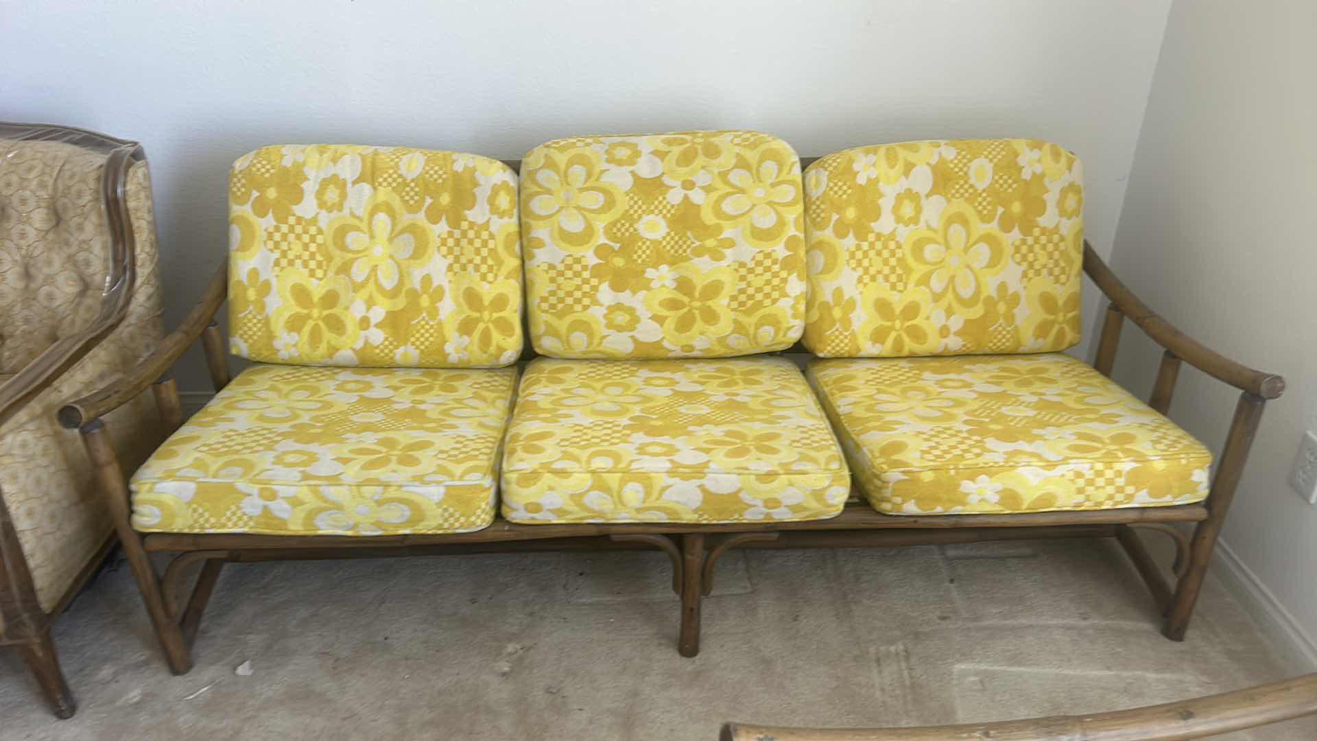 Photo 1 of VINTAGE WOOD BAMBOO STYLE SOFA WITH VINTAGE YELLOW FLOWER UPHOLSTERY 75” LONG