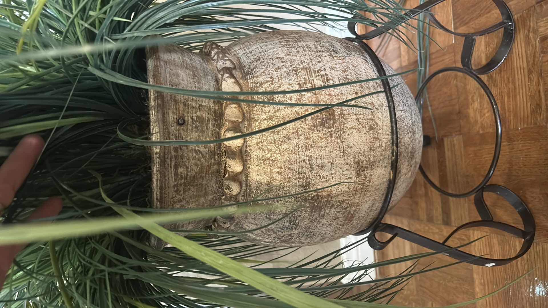 Photo 1 of POTTERY IN METAL STAND WITH FAUX PLANT H3’