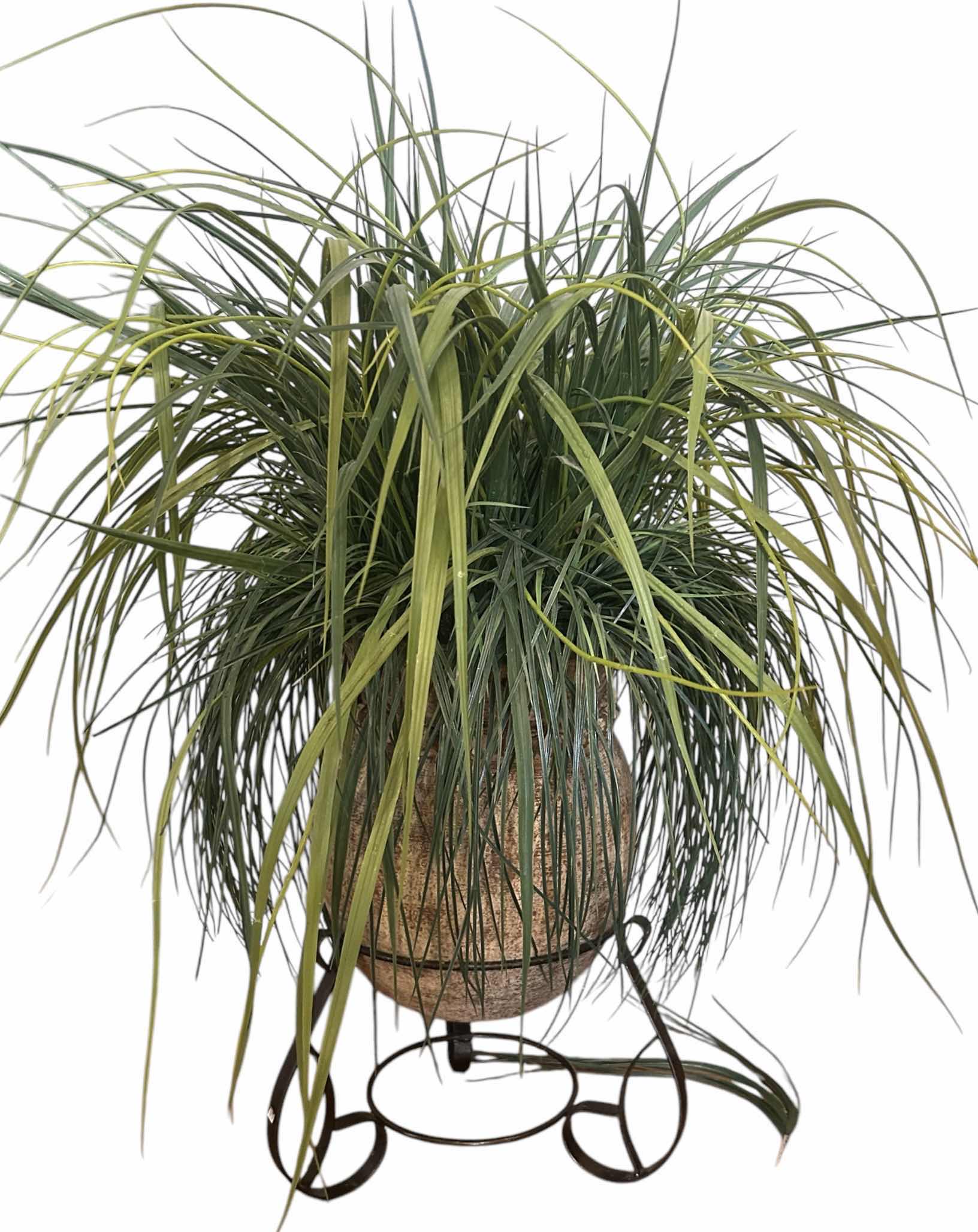 Photo 1 of POTTERY IN METAL STAND WITH FAUX PLANT H3’