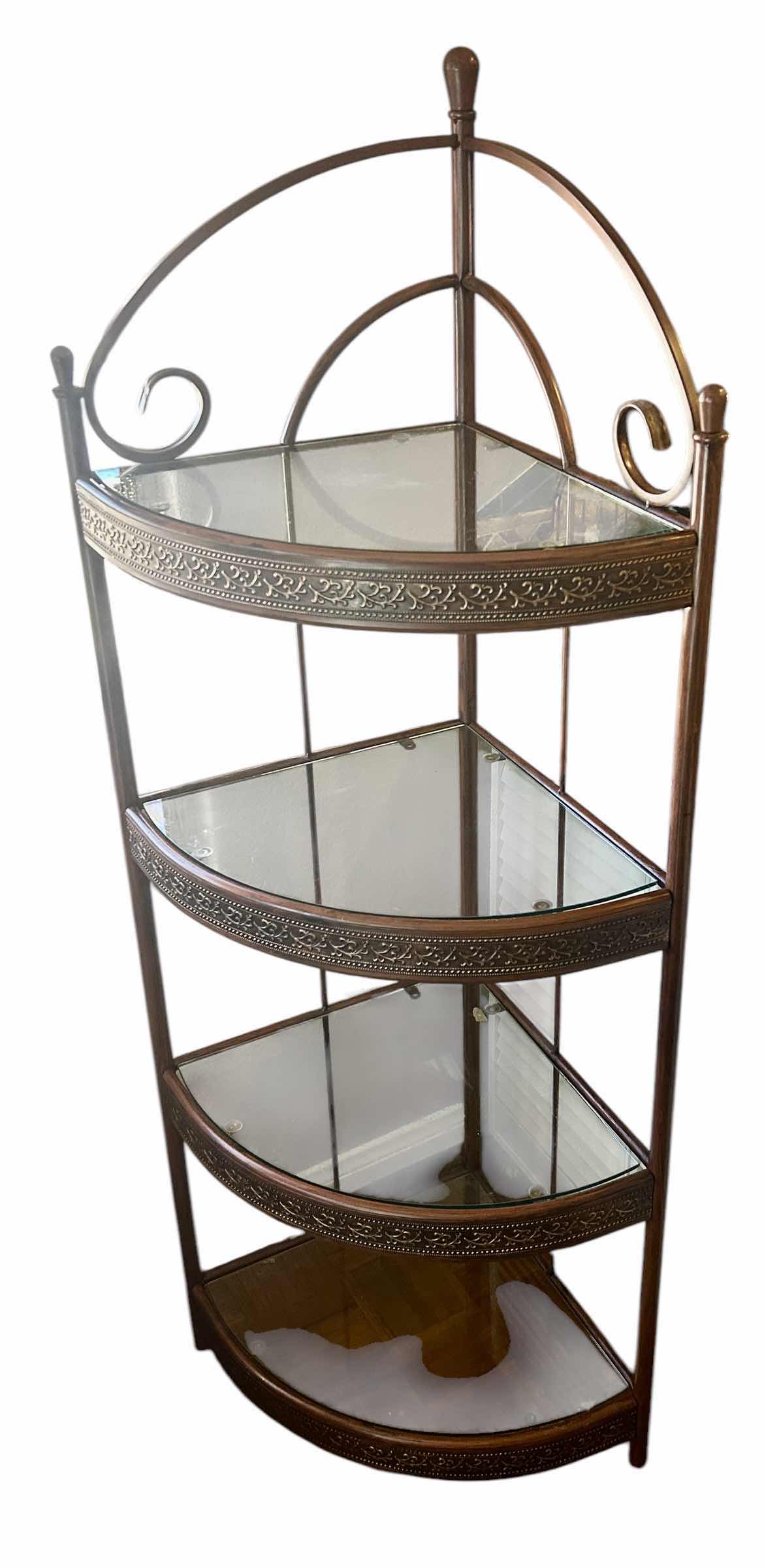 Photo 1 of METAL CORNER SHELF UNIT WITH GLASS INSERTS 26“ x 19“ x H5’ 5”)