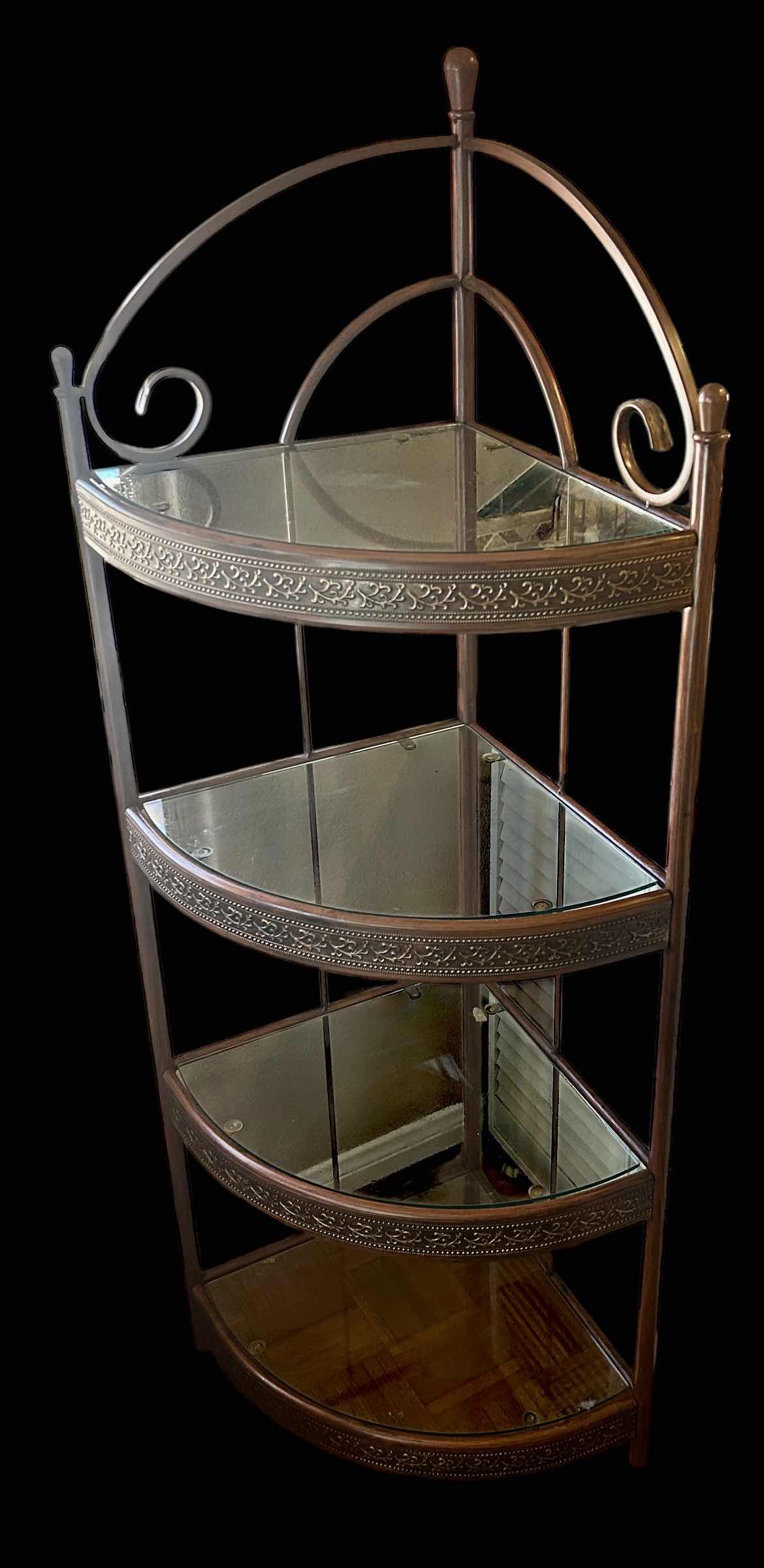 Photo 1 of METAL CORNER SHELF UNIT WITH GLASS INSERTS 26“ x 19“ x H5’ 5”)