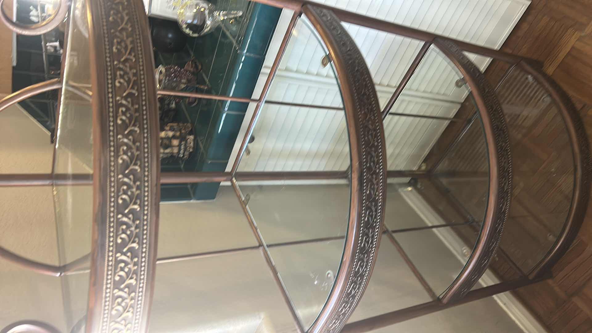 Photo 1 of METAL CORNER SHELF UNIT WITH GLASS INSERTS 26“ x 19“ x H5’ 5”)